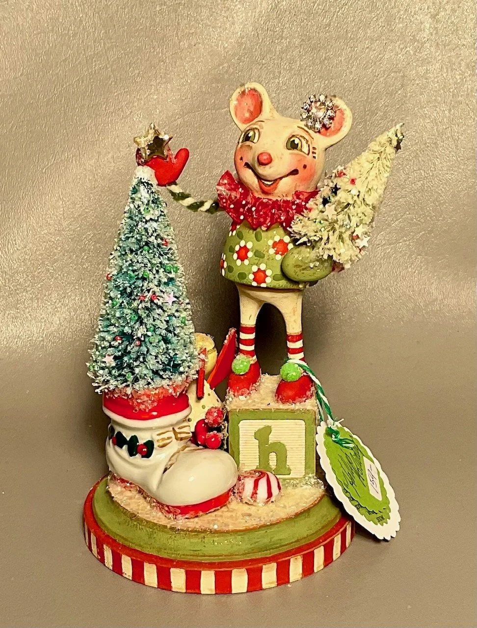 Holly’s Holiday~Girl Mouse with vintage ceramic boot, “h” block          vintage treasures on 4” diameter wood base $155.00