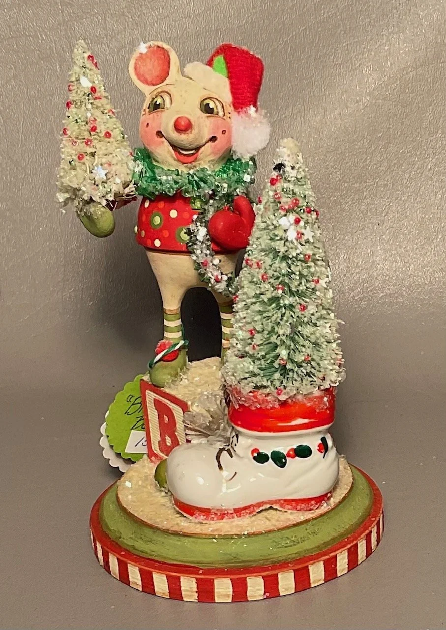 Bitsy Bootsy~Boy Mouse with vintage ceramic boot, “B” block, vintage treasures  on 4” diameter wood base.   $155.00