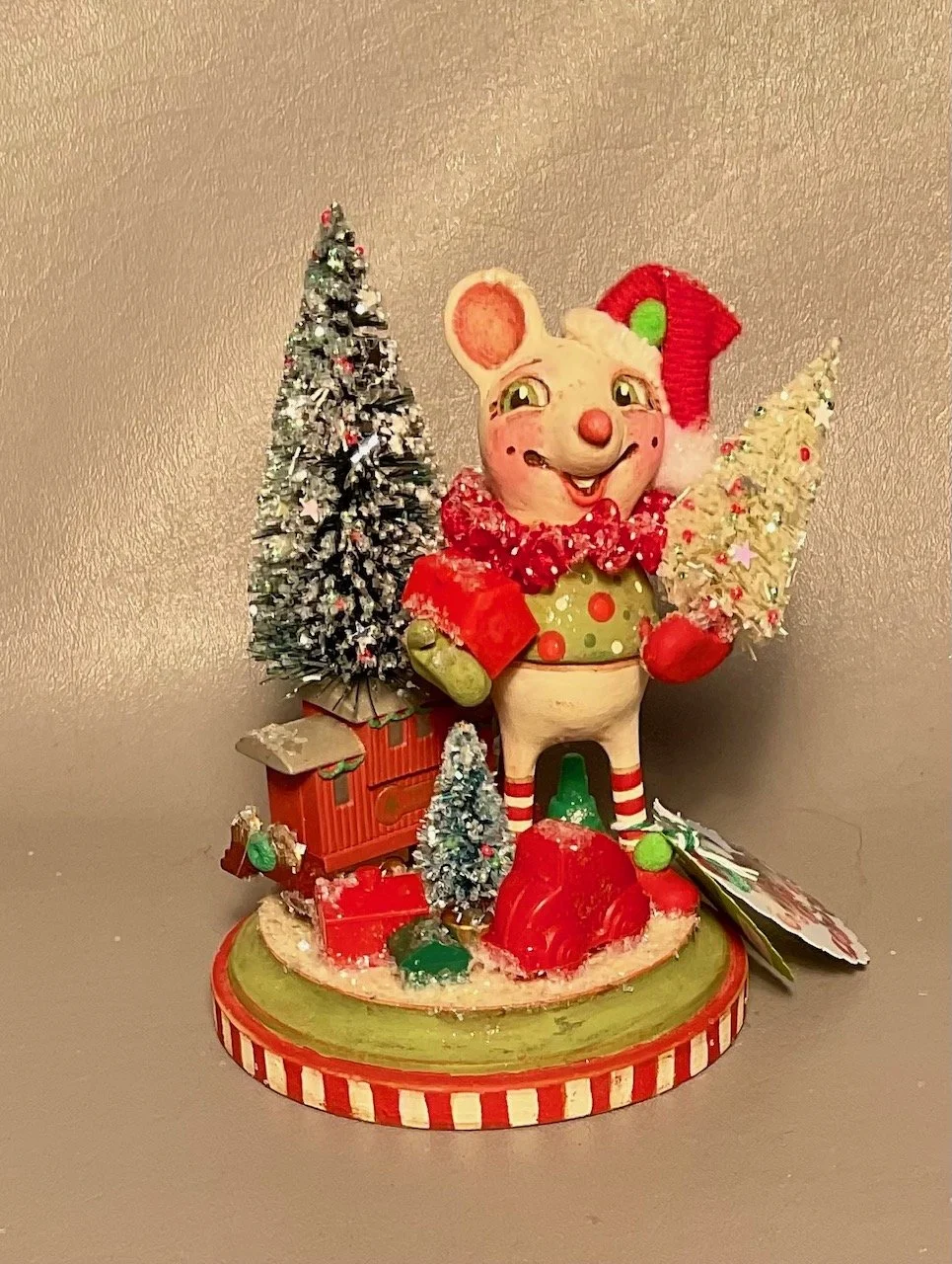 Jack’s Treasure ~Boy Mouse with vintage caboose orn. with tree, vintage treasures on 4” diameter wood base.  $155.00