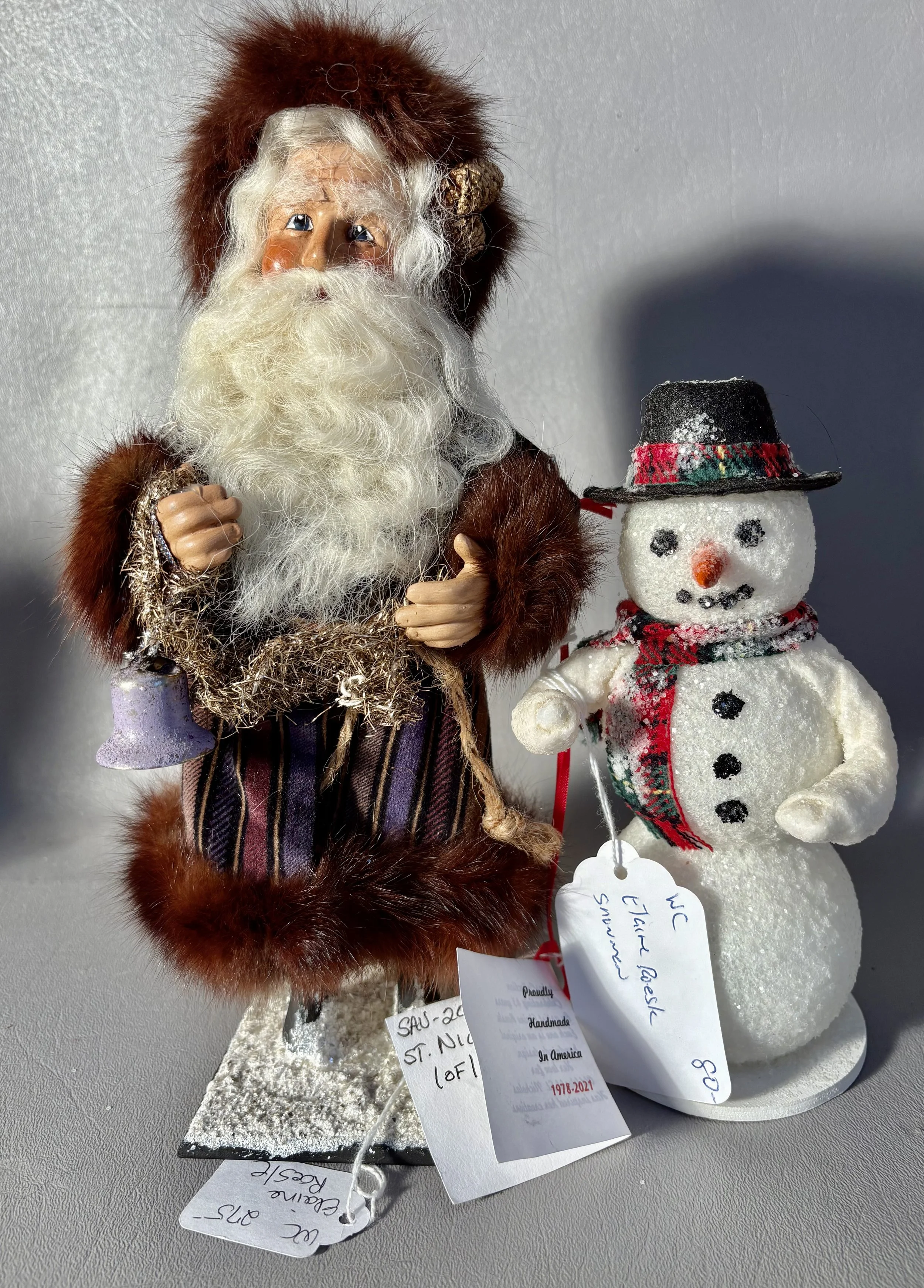 10” St. Nick one of a kind $275.00     6.5” Snowman $80.00