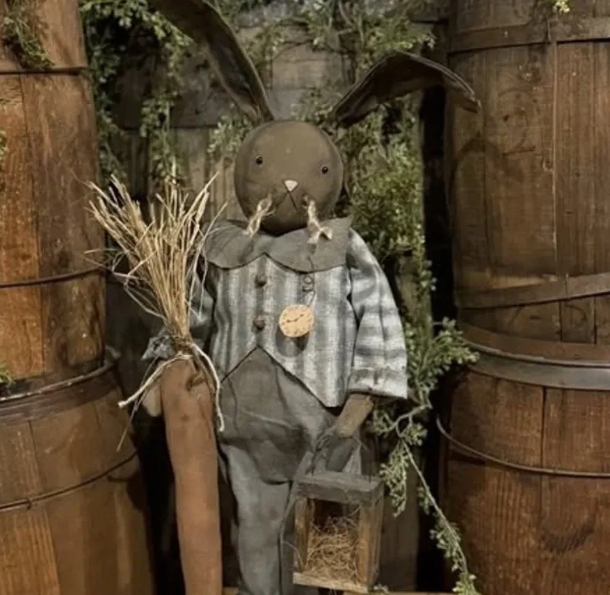 Mr. Gray Wearing his fancy gray suit, holding his carrot, check out his clock!  T-light included. 21” tall $96.00.