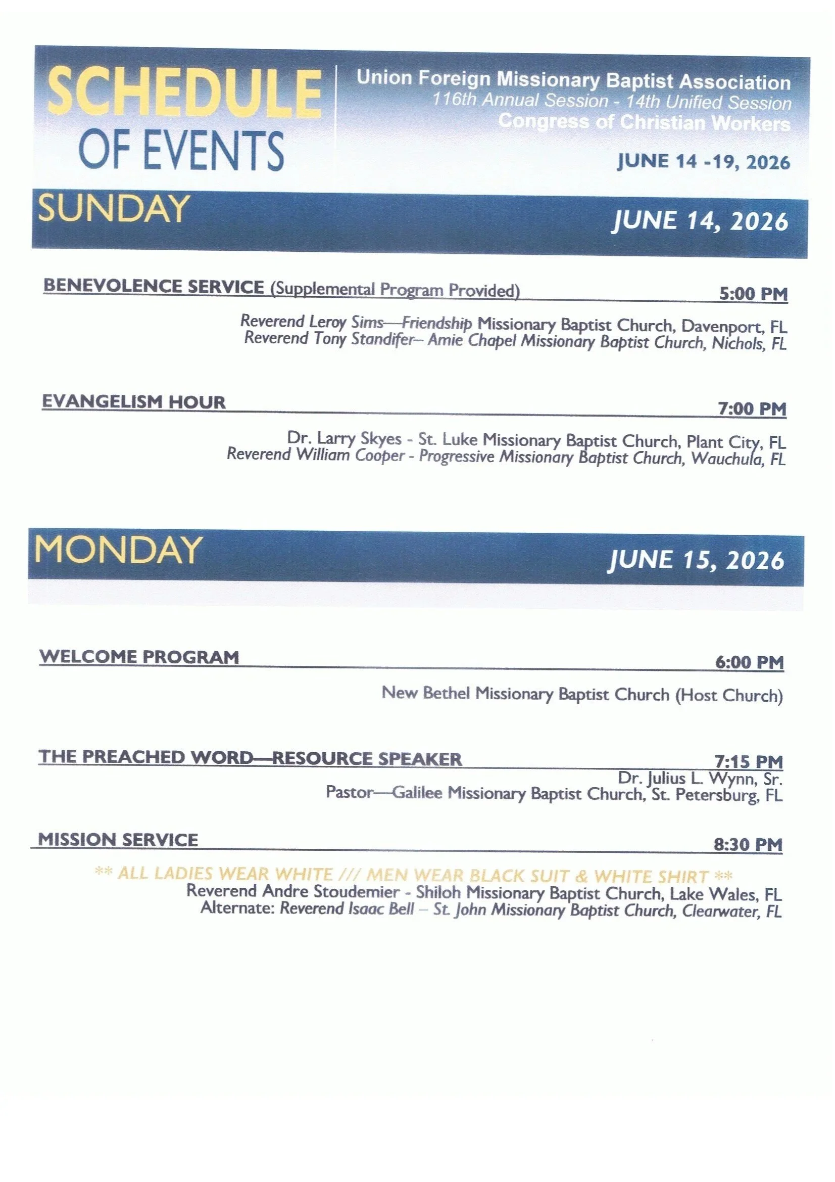 Schedule of Events