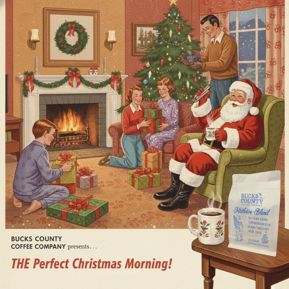 Nothing says holiday magic like a warm fire, a glowing tree, and a fresh cup of coffee to kick off the festivities. This vintage-style moment captures all the nostalgia we love &mdash; wrapped gifts, joyful smiles, and that unmistakable Christmas coz