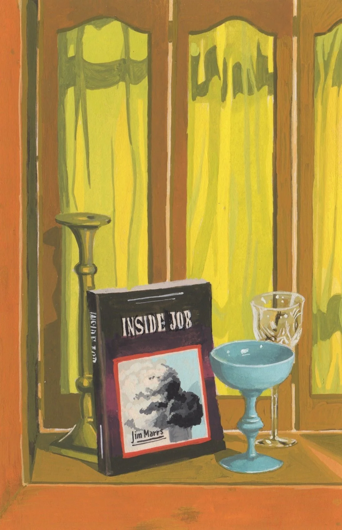 a closed window sill with yellow curtains. On the sill sits a bronze candle stick, blue coupe, crystal wine glass, and a book on 9/11 called "Inside Job"