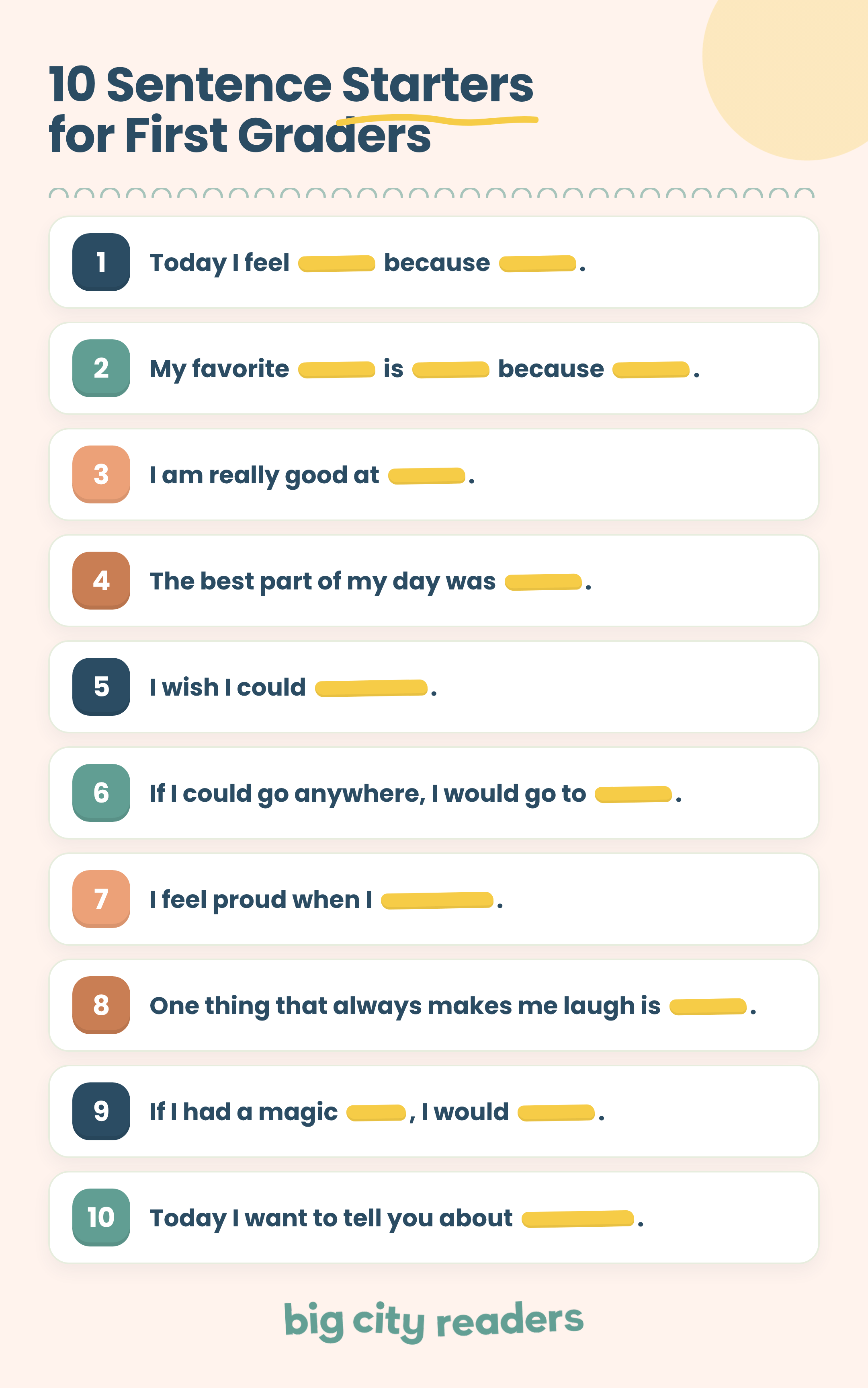 10 sentence starters for first graders to make writing easier and help new writers get their ideas onto paper.