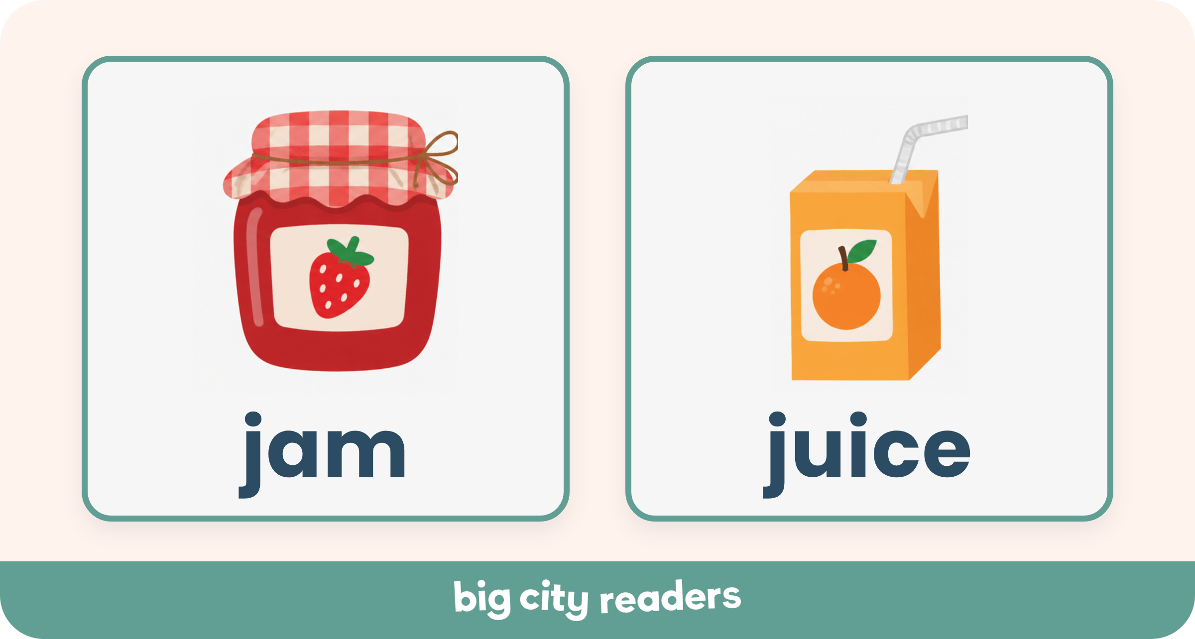 J word flashcards for kids featuring jam and juice for letter J and phonics practice.