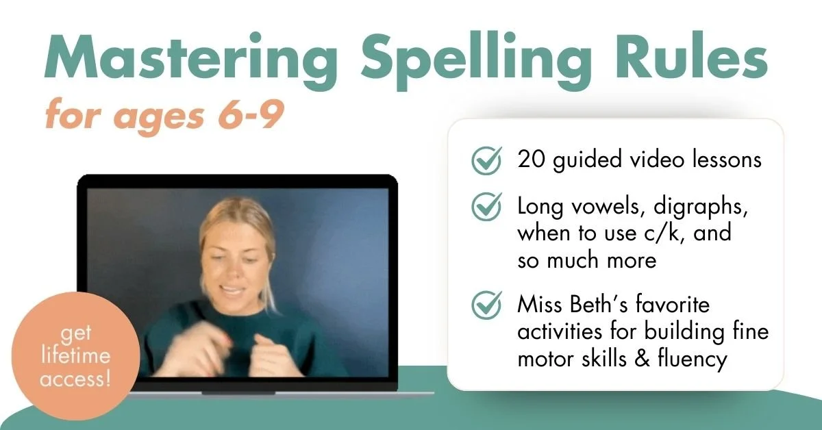 Miss Beth teaching spelling rules through guided video lessons to help children aged 6 to 9 learn long vowels, digraphs, and mure