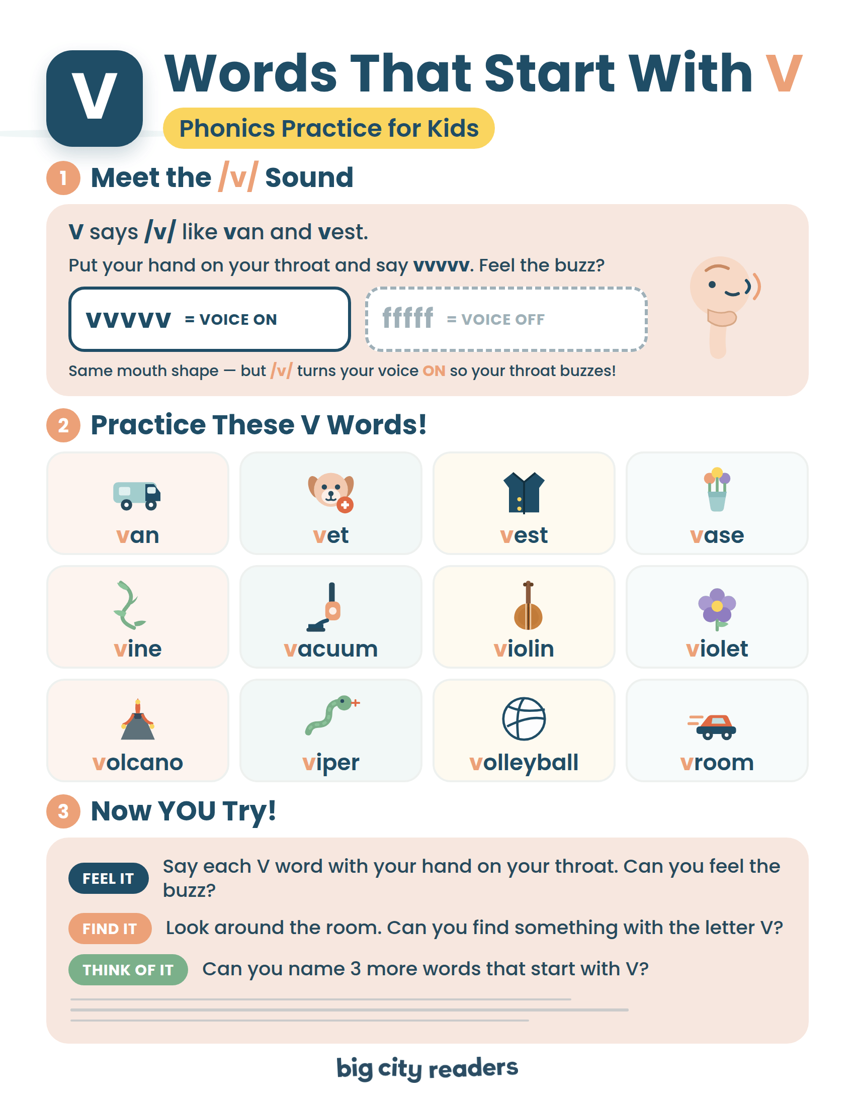 words that start with V printable for phonics practice for kids learning the v sound