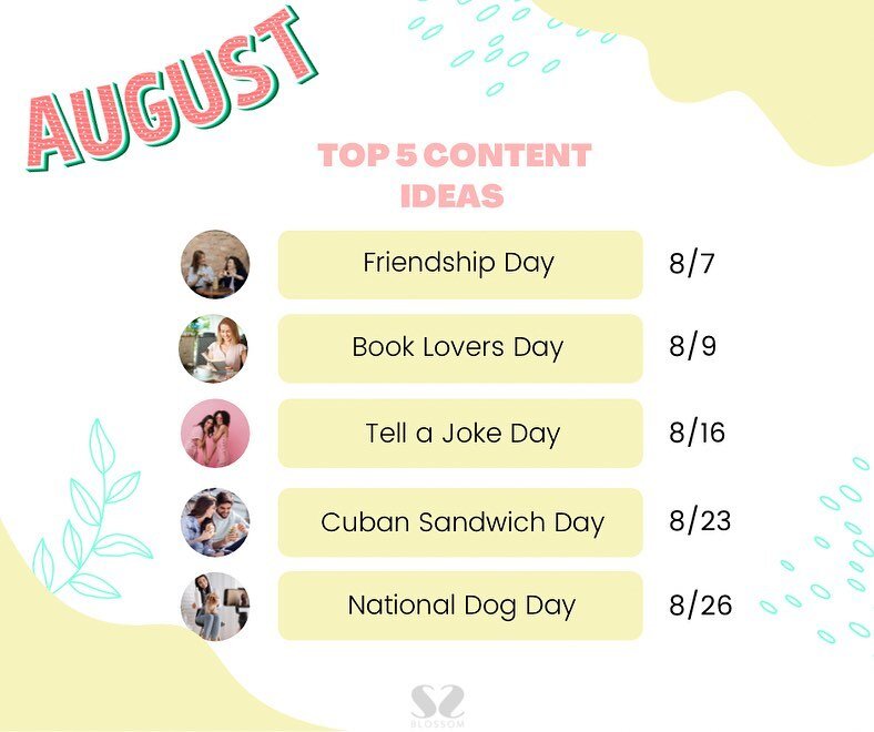 Need inspiration to create content for livestreams, social media posts, reels, TikTok&rsquo;s, or for your podcasts? 
Create quality content while celebrating national days of August! 🍉🐶📖☕️
.
.
.
#contenttips #contentideas #contentcreator #content