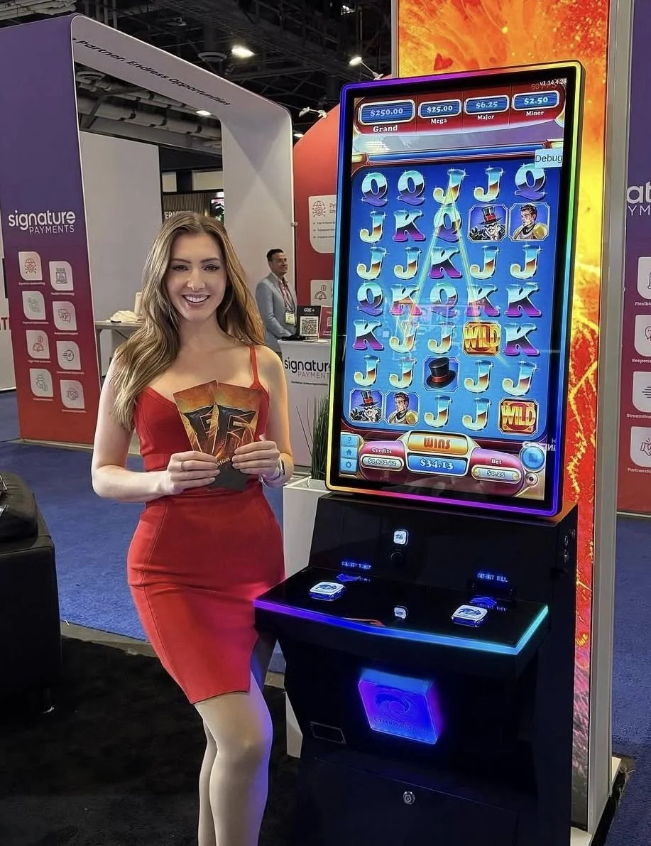 Trade show hostess supporting a booth