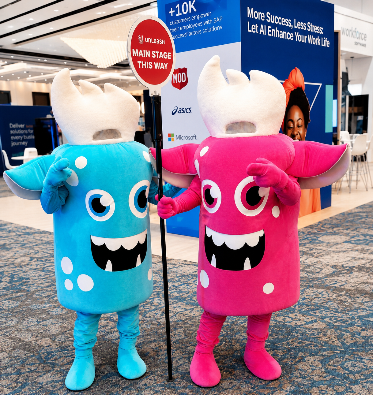 Professional mascot performers supporting a trade show booth, convention, brand activation, and attendee engagement campaign.