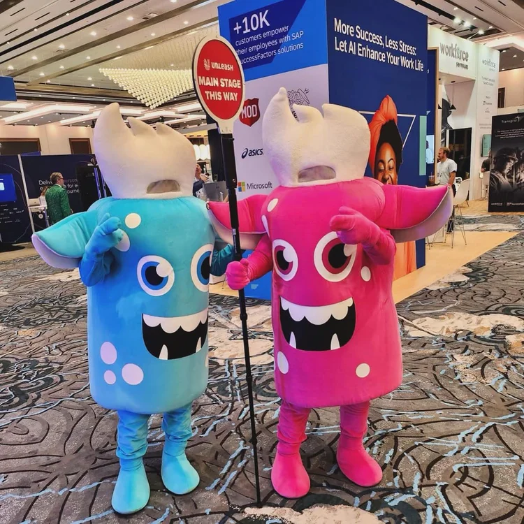 Two mascot performers working at a Las Vegas convention