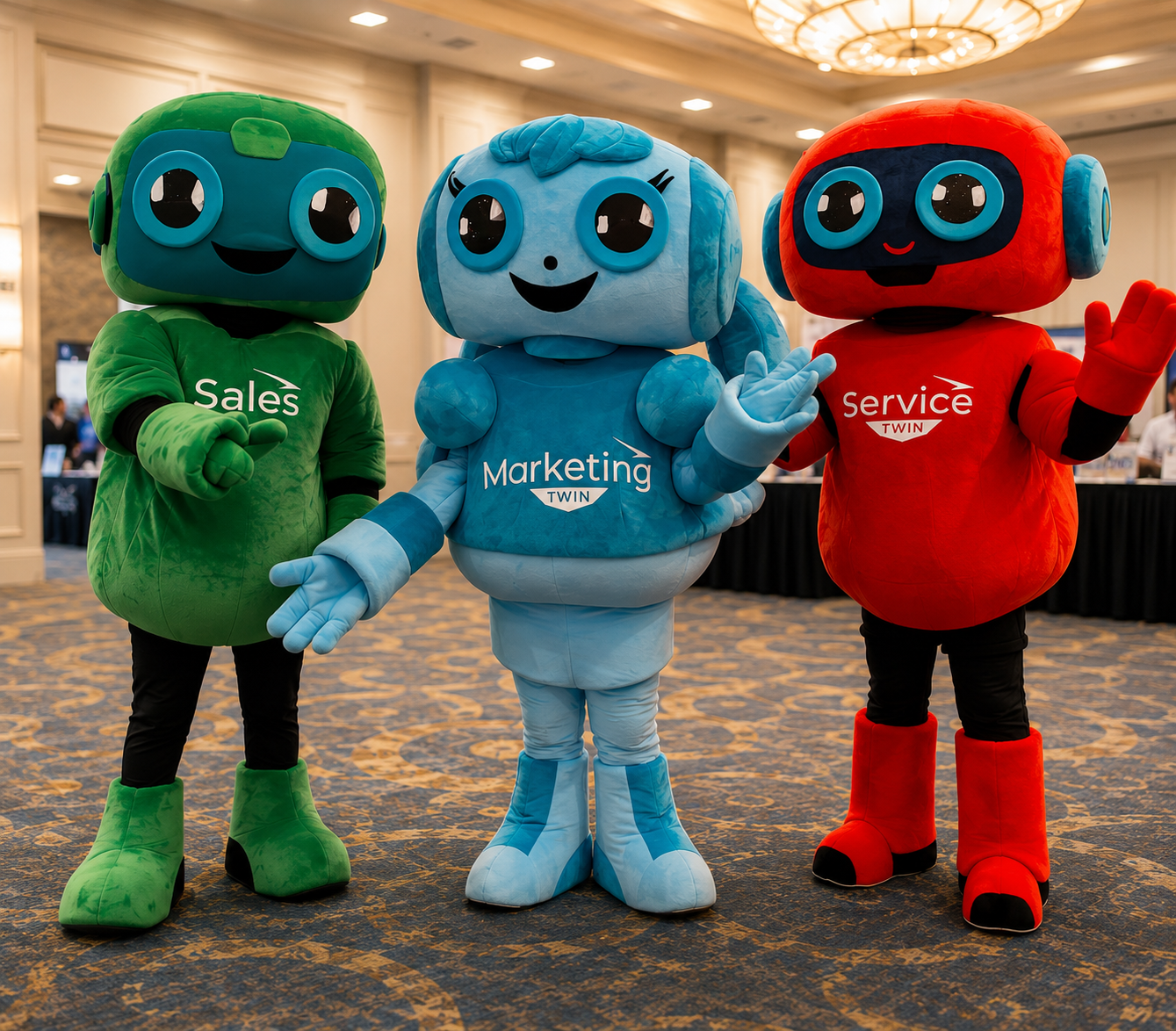 Professional mascot performers engaging attendees during a corporate event, convention, and experiential marketing activation in Dallas, Texas.