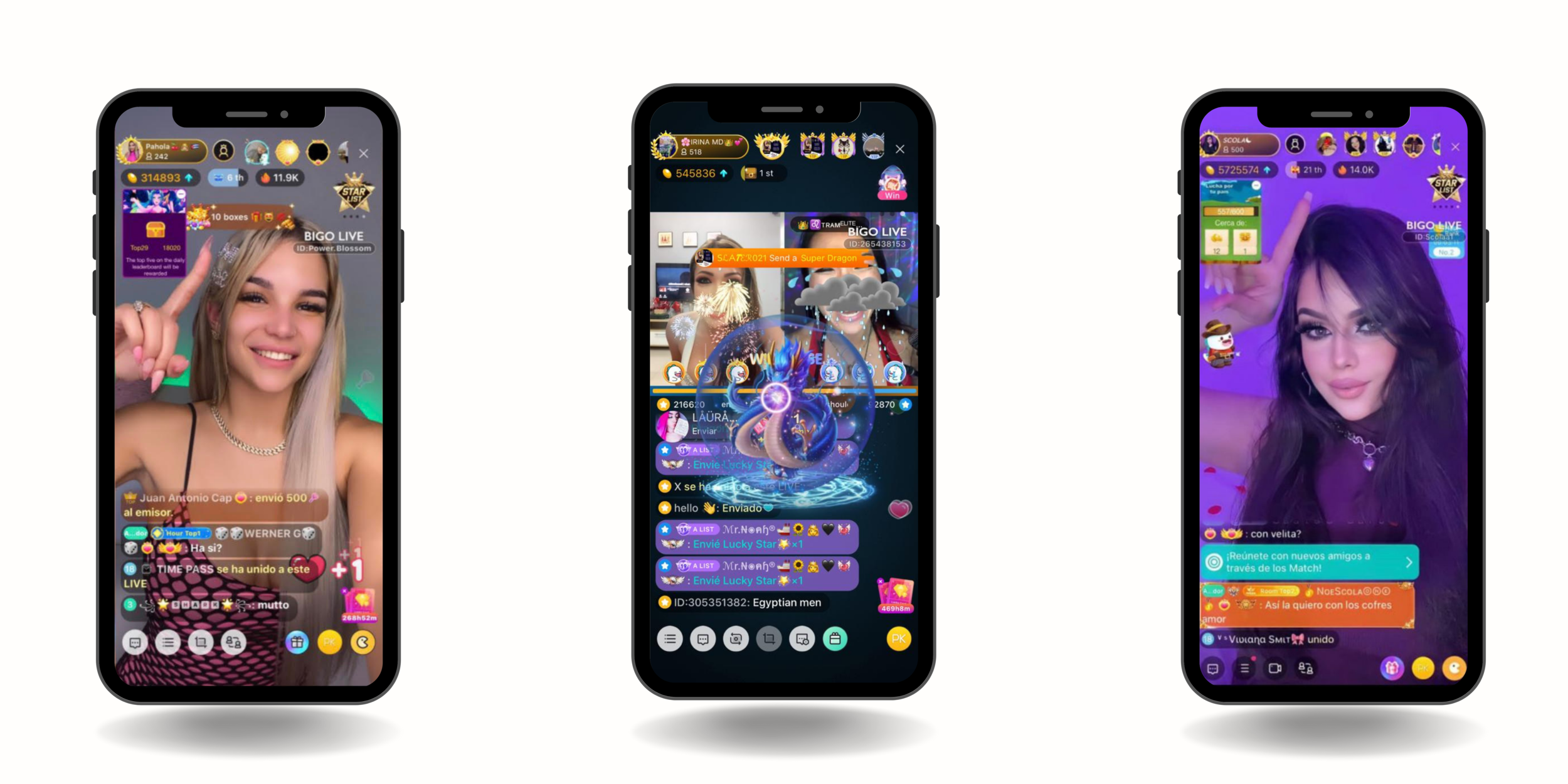 Three phones showing BIGO Live creators streaming