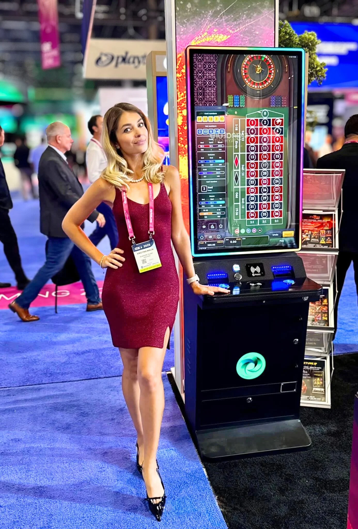 Professional brand ambassador promoting a technology brand at a Las Vegas trade show and convention booth