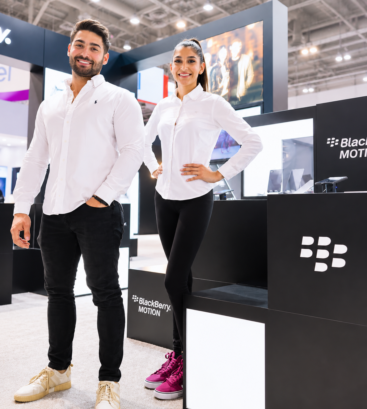 Professional trade show models and event staff representing a technology brand at a convention booth and corporate event activation.