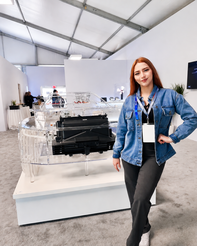 Polished promotional model representing a brand at a trade show display layout