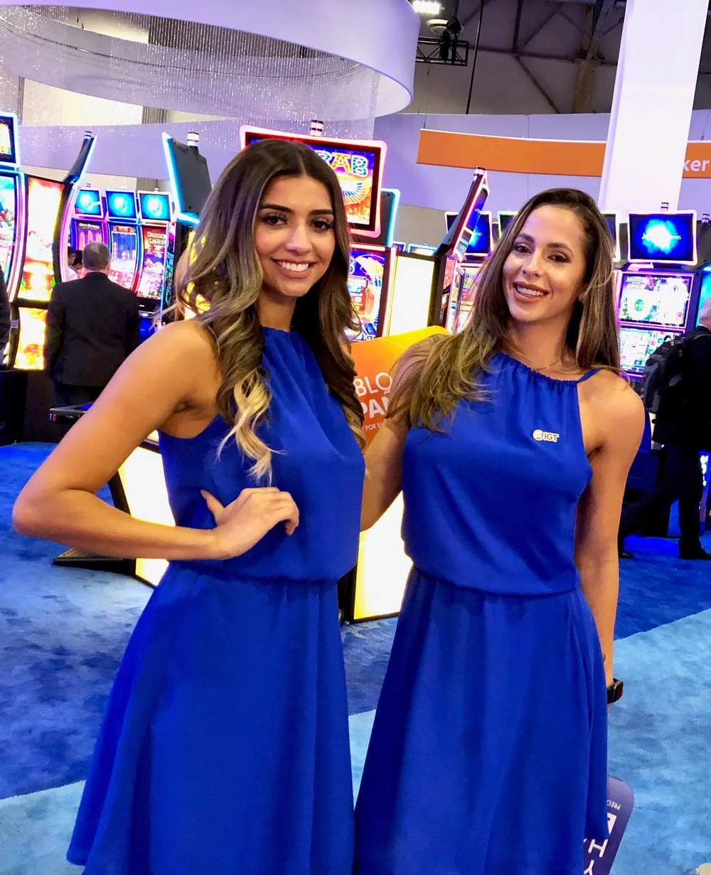 Professional hostess at a trade show booth