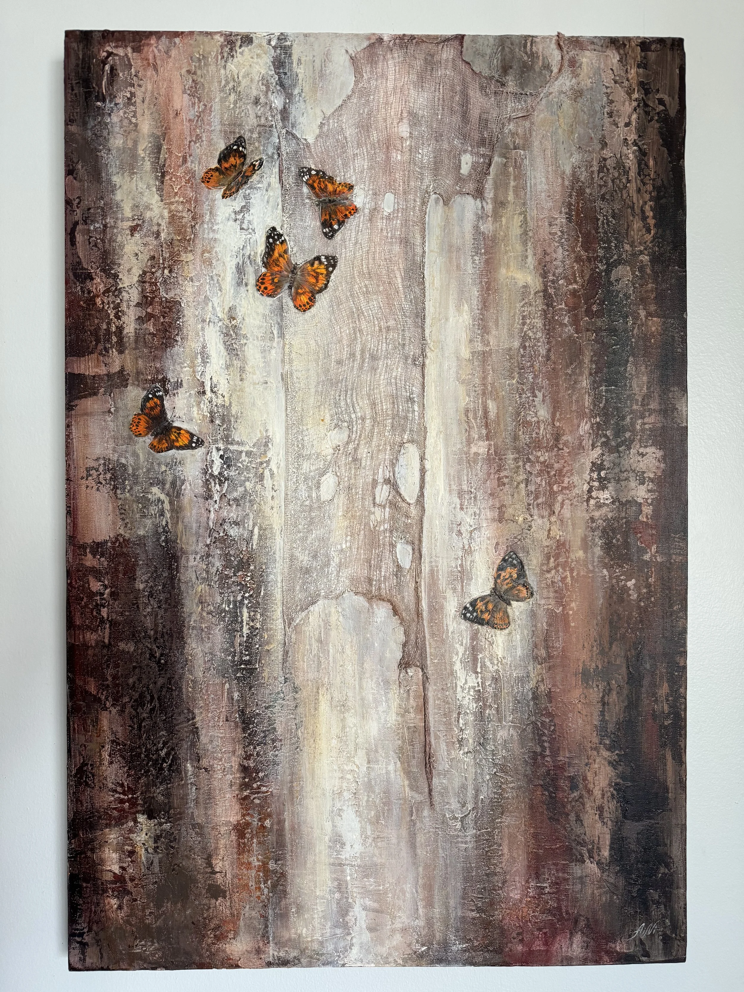 Abstract mixed-media painting Between Earth and Air by Anna Yakimenko, featuring layered neutral tones and textured surfaces.