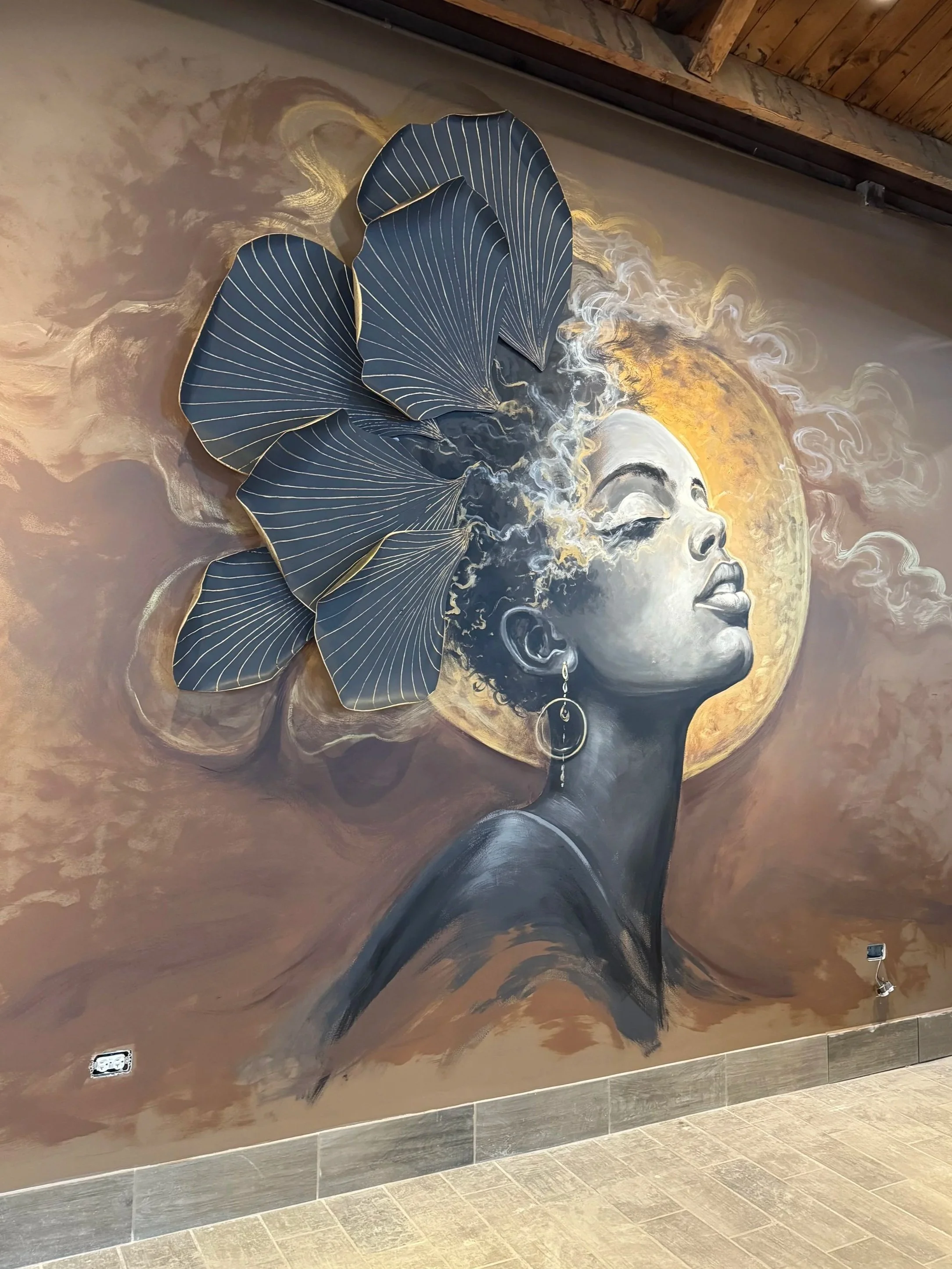 Original mixed-media portrait combining painting, texture and handcrafted 3D elements.