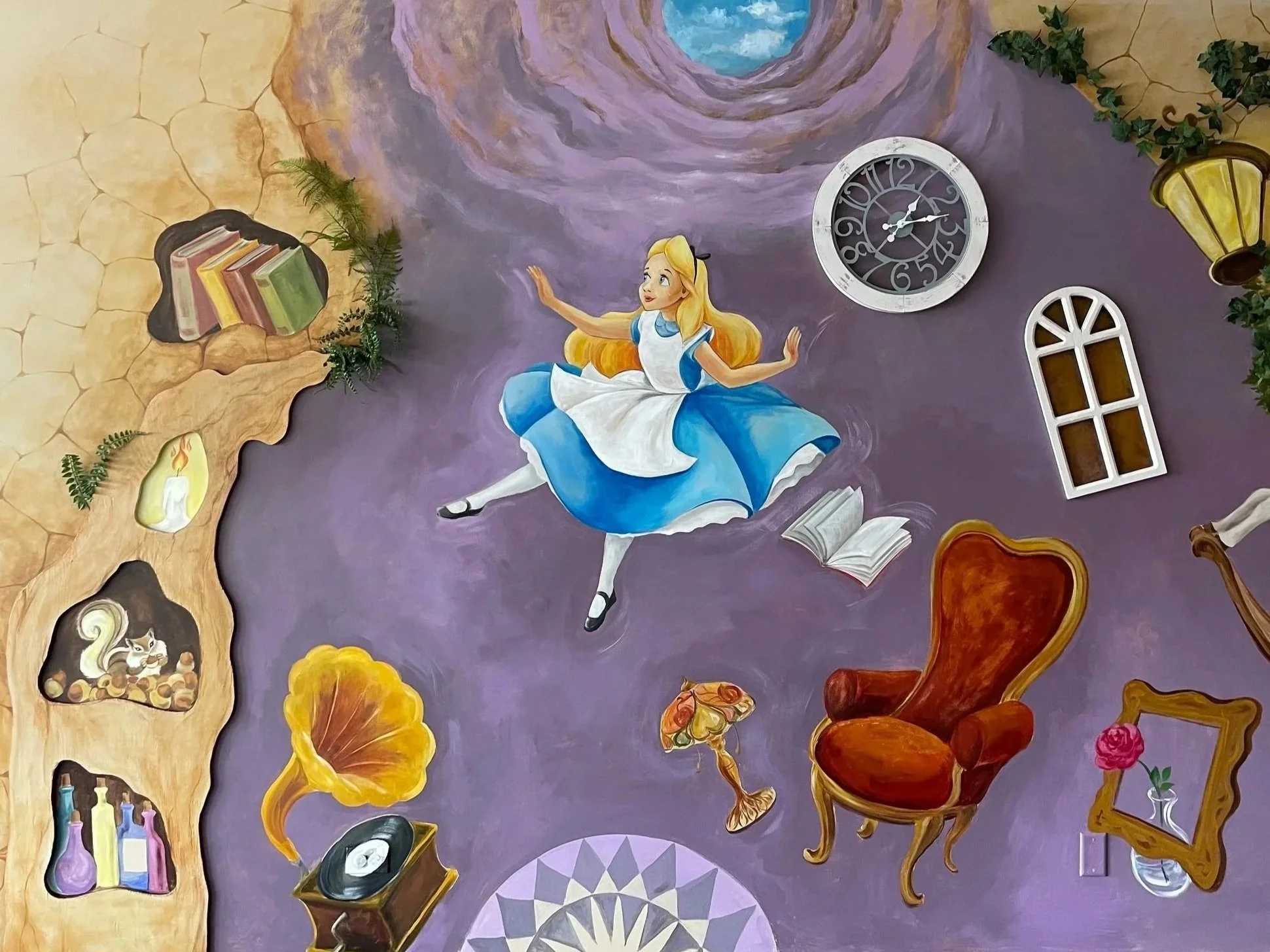 Alice in Wonderland themed daycare mural at Wonderland Academy in Fox River Grove, Illinois, by Anna Yakimenko.