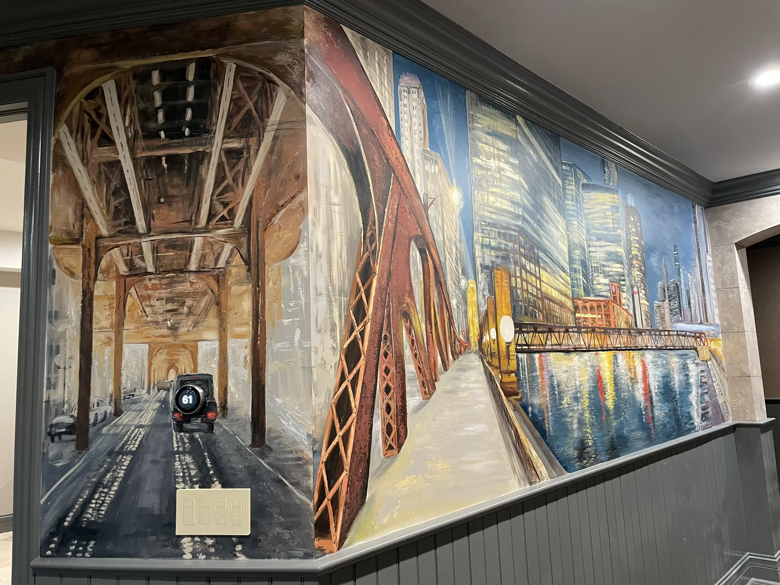 Chicago cityscape mural featuring bridges and urban architecture