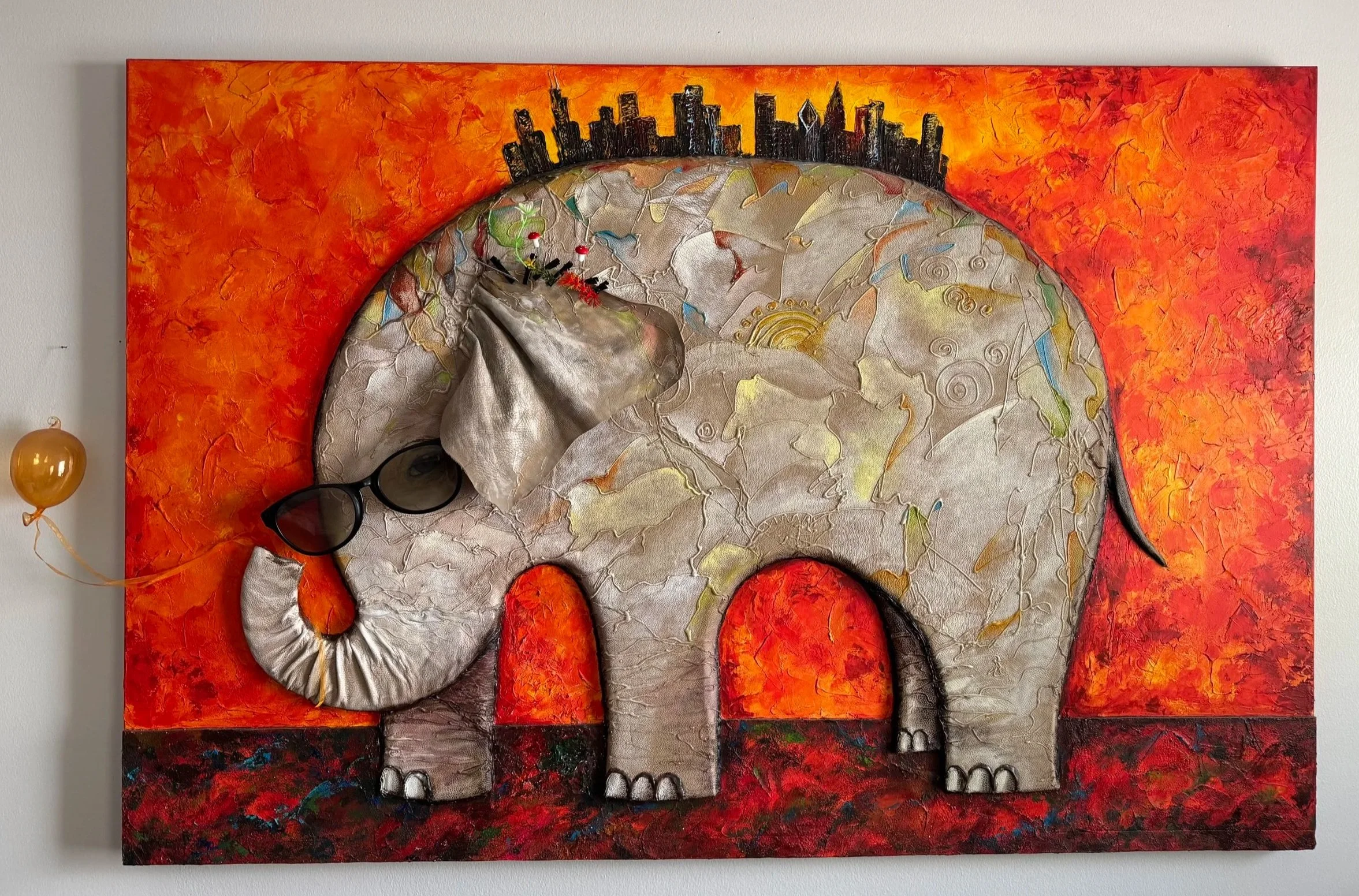 Original mixed-media elephant artwork by Anna Yakimenko featuring hand-painted and sculptural details.