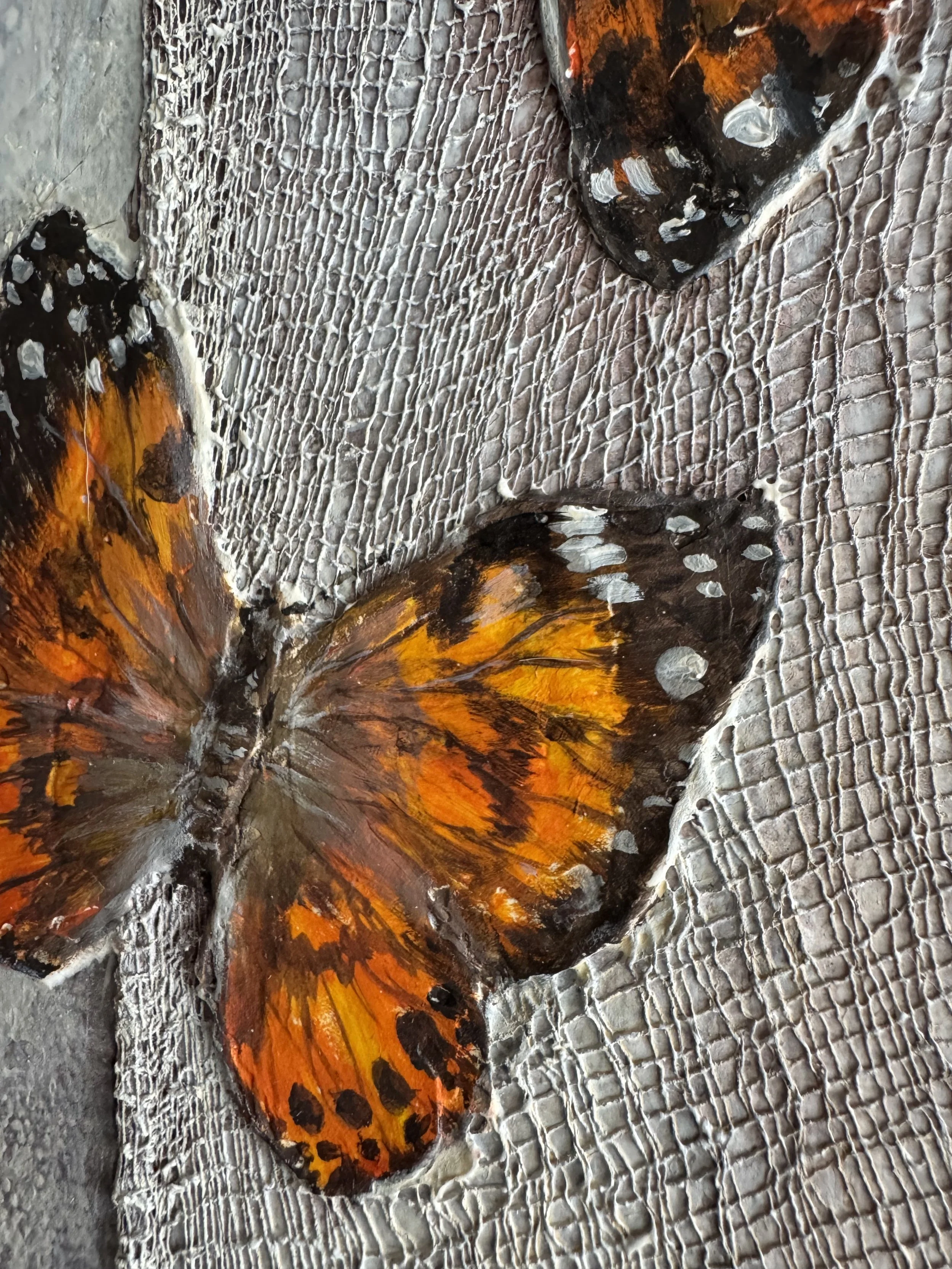 Close-up of butterfly and textured details in Between Earth and Air.