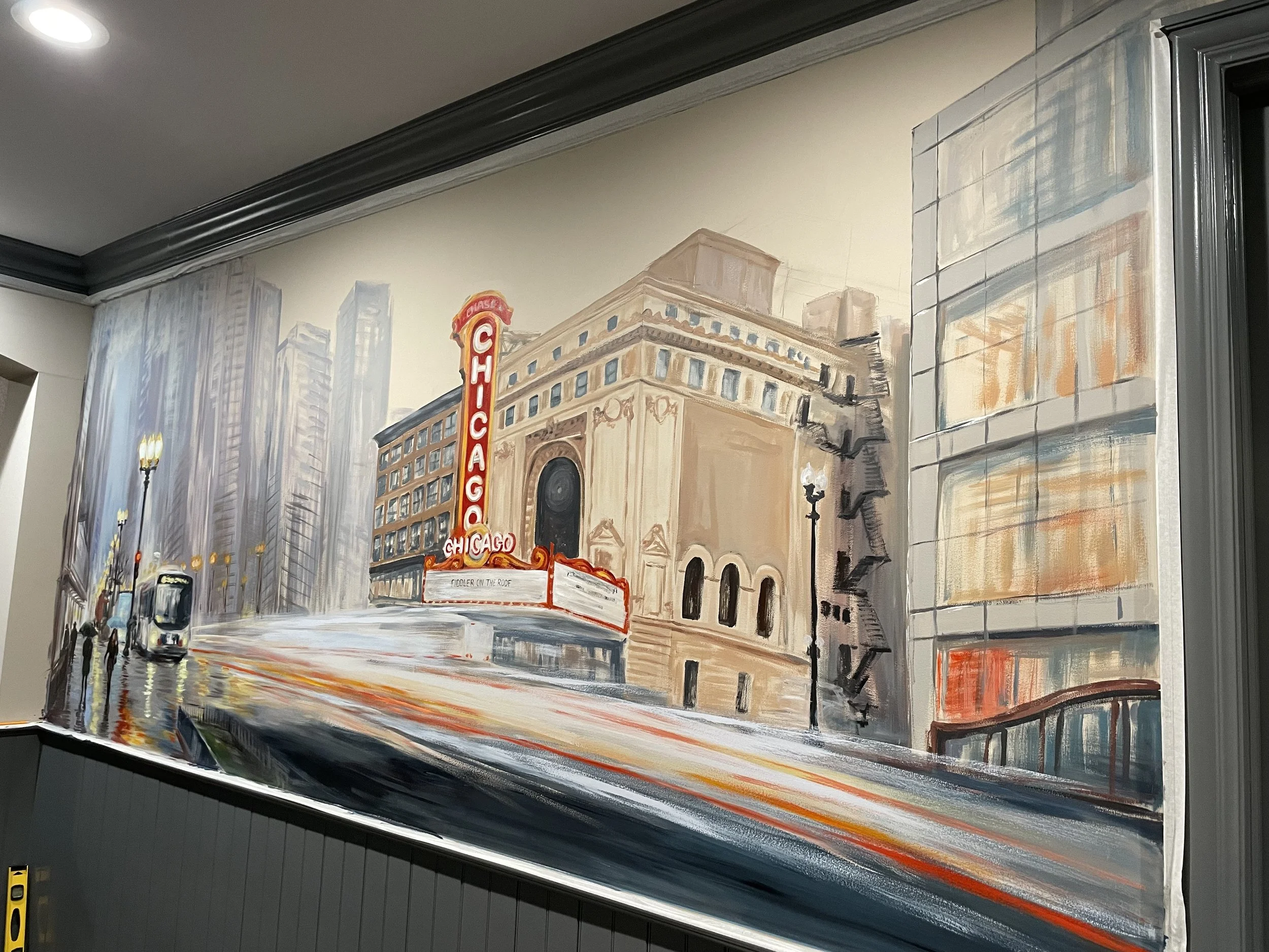 Chicago Theatre cityscape mural by AiNi Art Studio