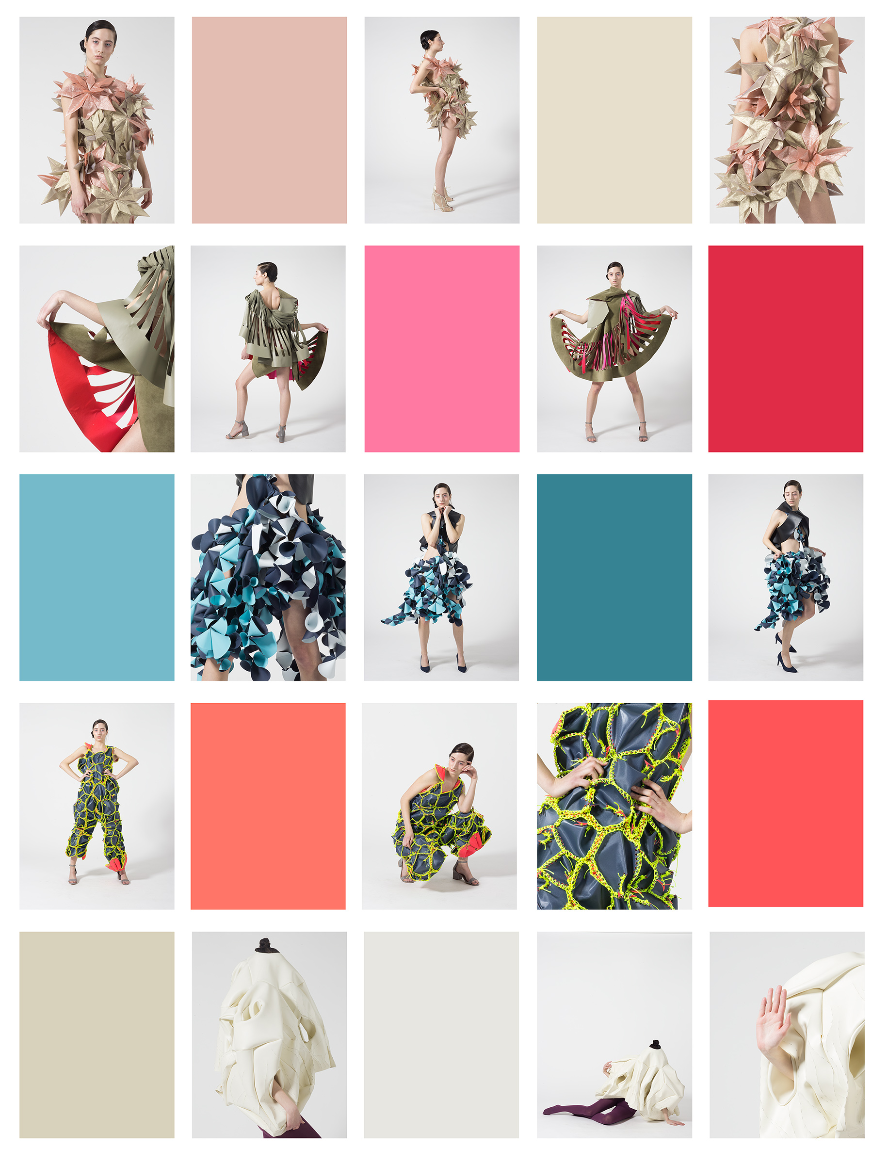  Designers (top to bottom): Sophie Zhou, Yafei Shen, Meiru Cai (skirt) + Carley Brandau (top), Carley Brandau, Yuanyu Xiong  lookbook concept color swatch book 