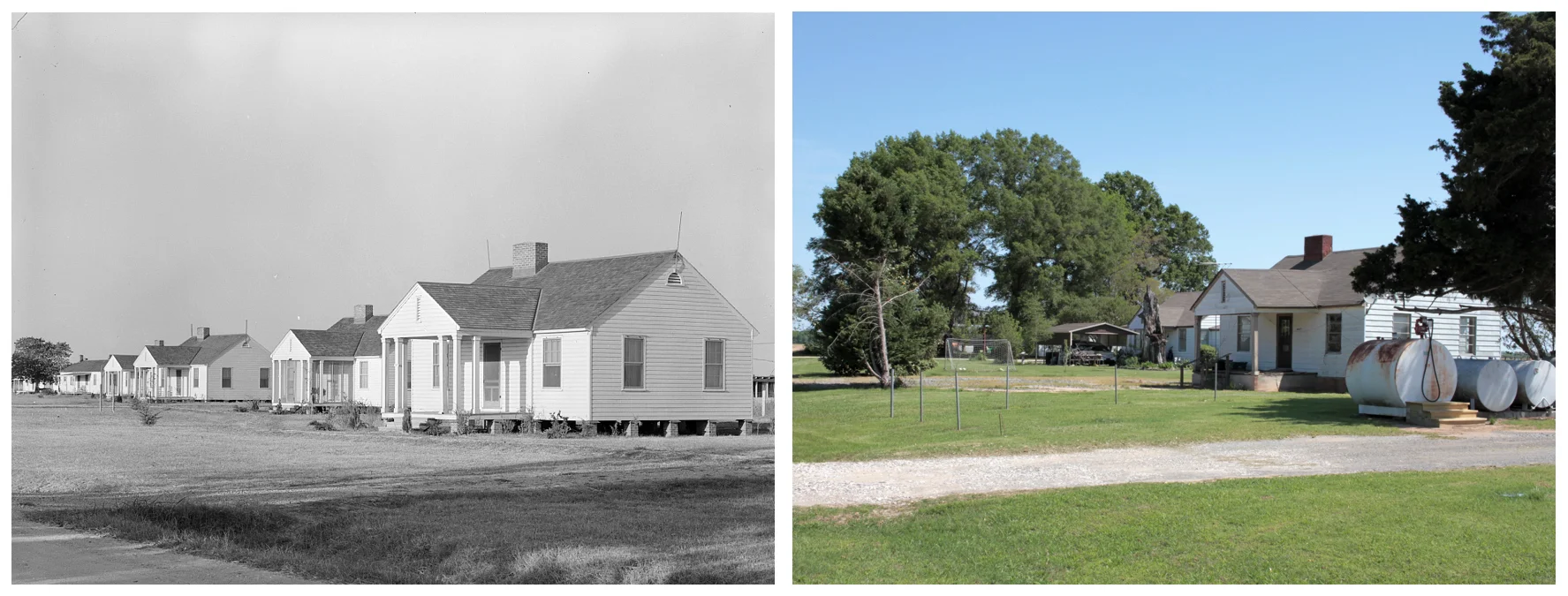 Left: Types of houses. Lake Dick Project, 1938. Russell Lee. Right: Remaining houses, 2018. James Matthews