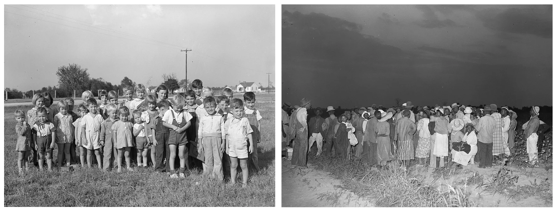 Left: Schoolchildren, Lake Dick Project, 1938. Russell Lee. Right: Cotton pickers, day laborers, waiting to be paid at end of day's work, Lake Dick, 1938. Russell Lee.