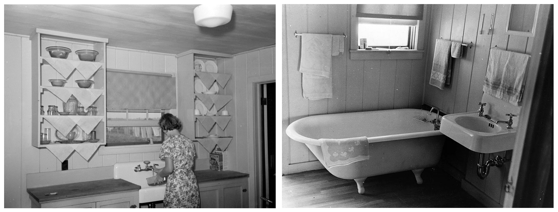  Left: Kitchen in farm home, Lake Dick Project, 1938. Russell Lee.  Right: Bathroom in farmer's home, Lake Dick Project, 1938. Russell Lee. 