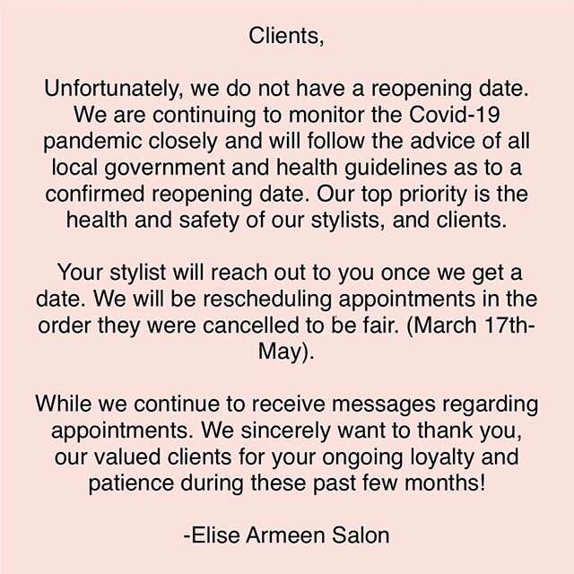 A little note from Jen on the status of Elise Armeen. Thank you all for your patience and we can&rsquo;t wait until the day we can open our doors and see you all again. #wemissyou