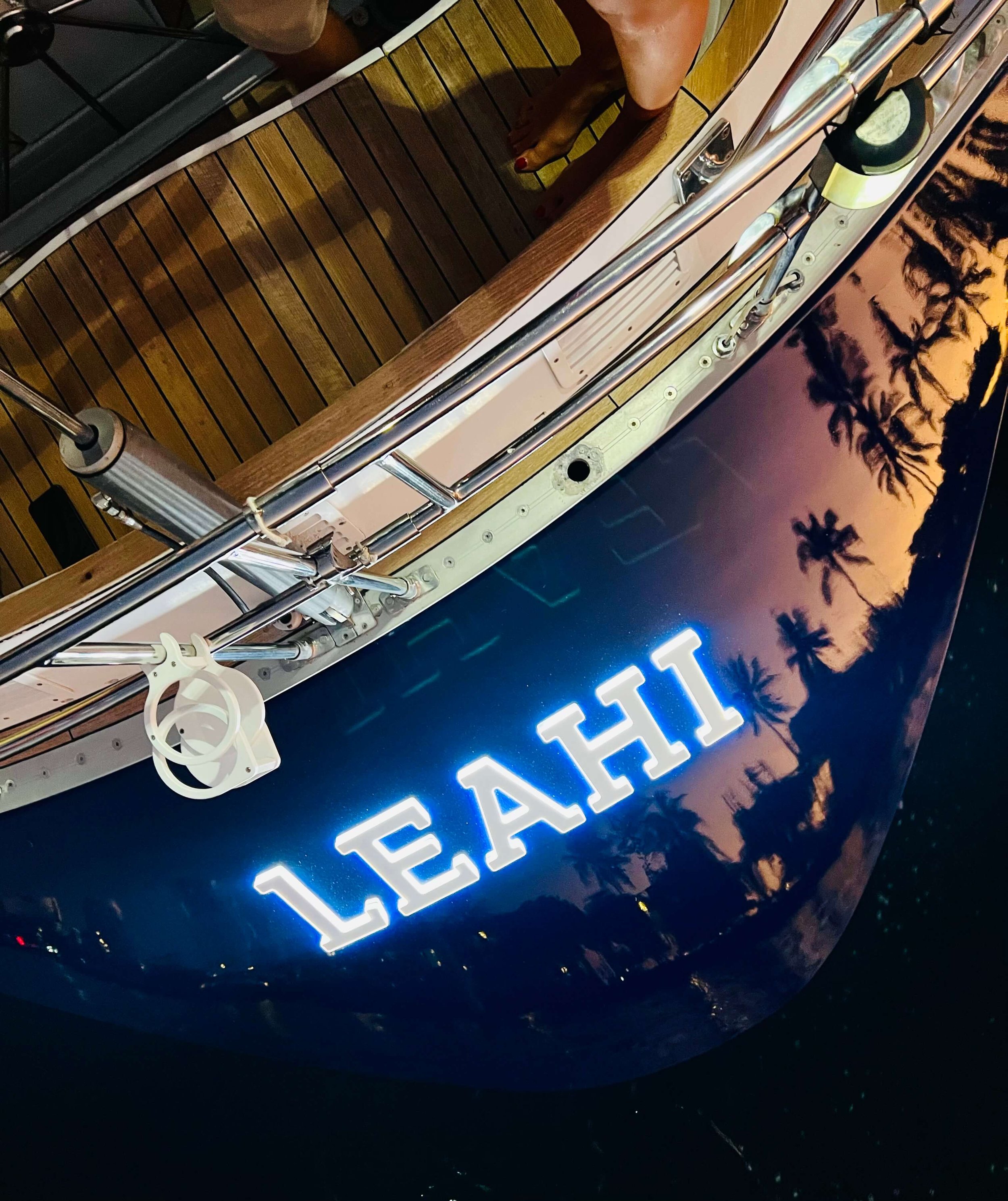  The led name graphics on the stern of the 59’ Swan sailing yacht Leahi 