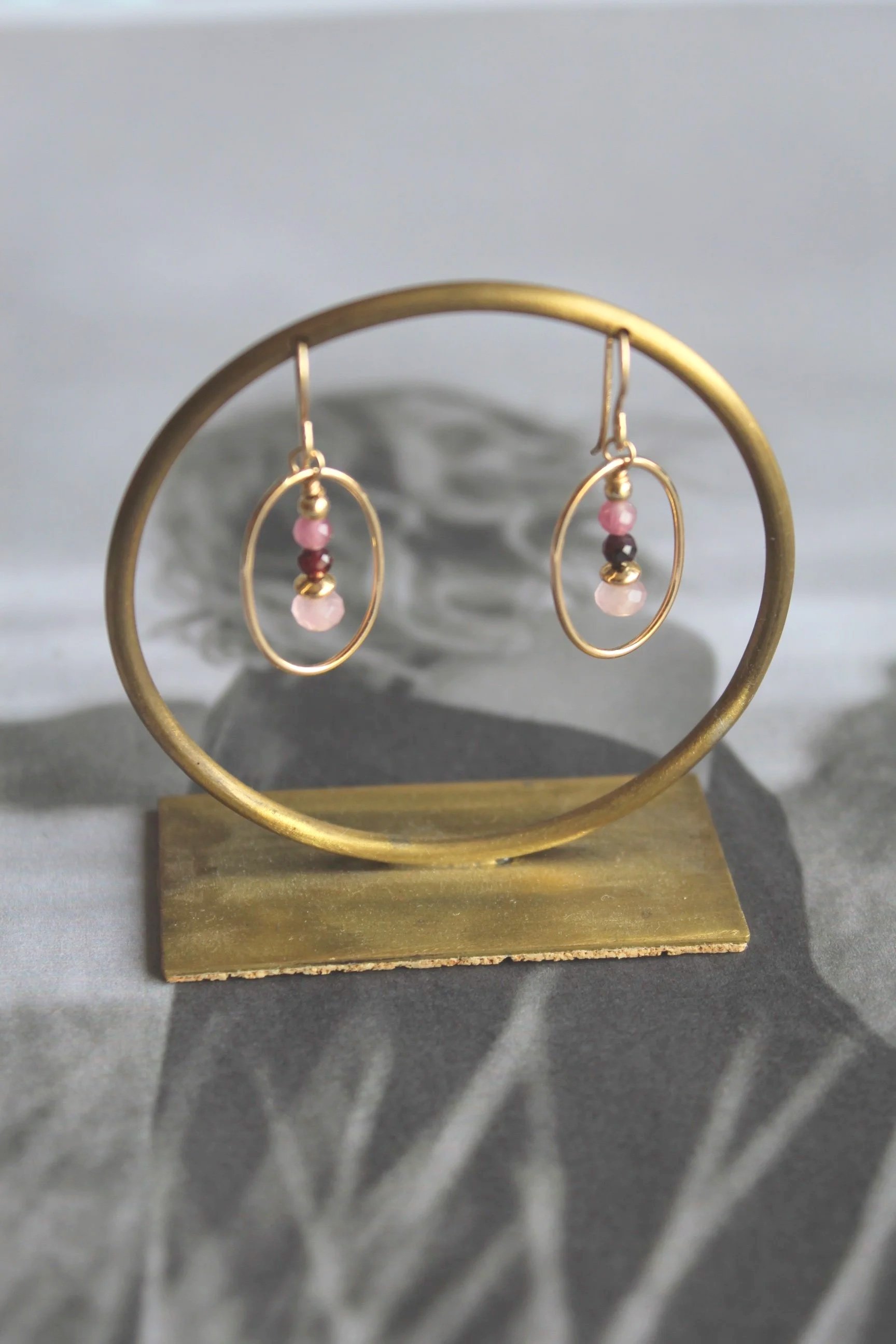 14ct gold filled oval with pink tourmaline, garnet, gold filled bead and rose quartz.