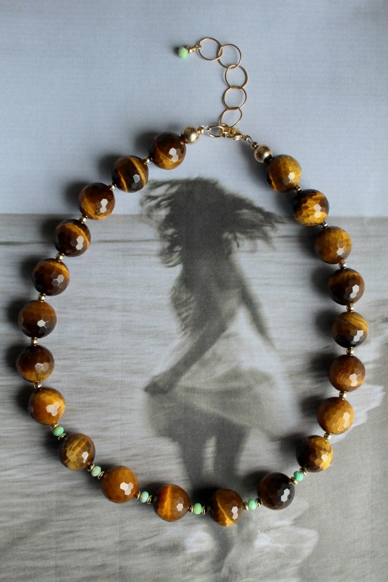 14ct gold filled necklace with faceted Tigers eye, gold filled beads and faceted Peruvian opal roundels.