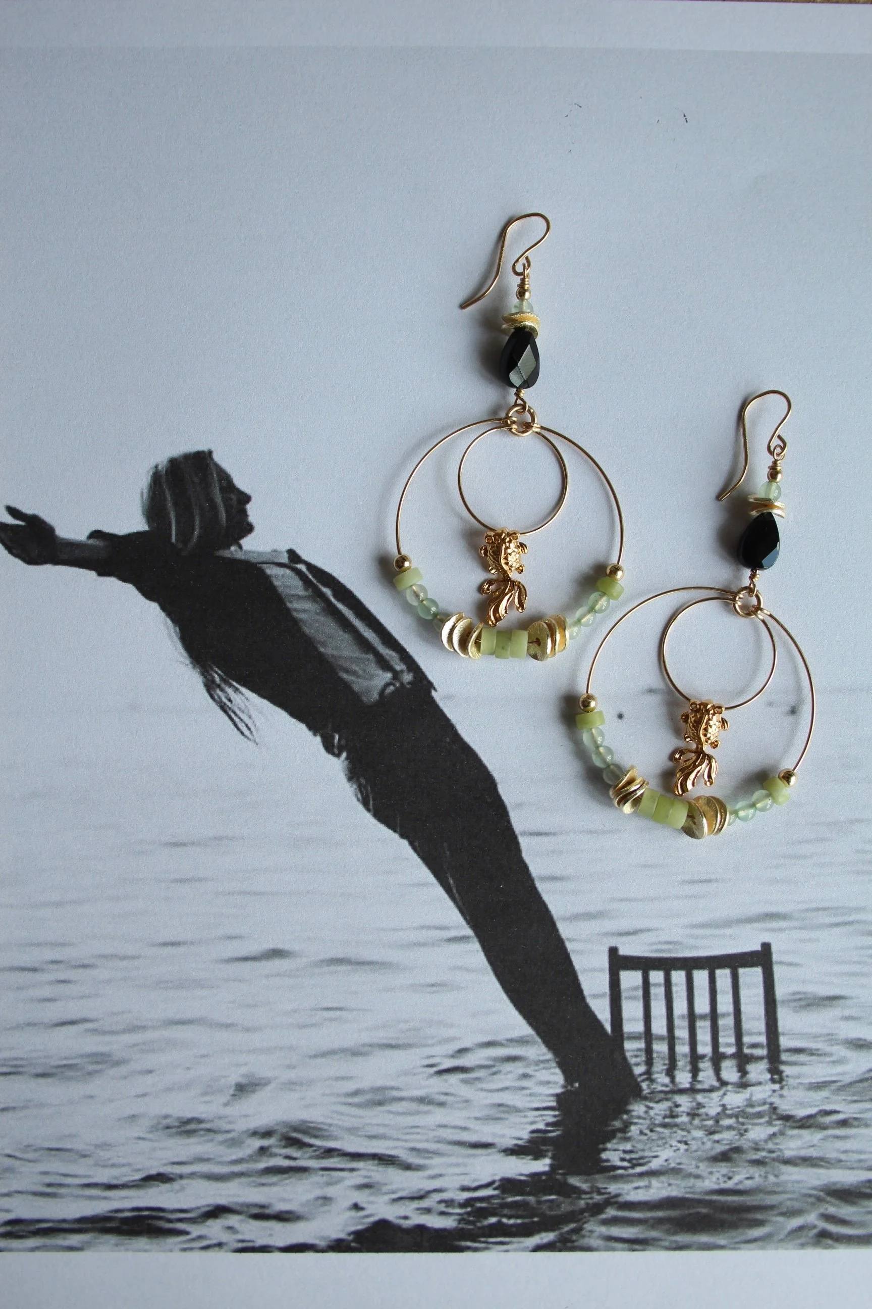 14ct gold filled earrings with green aventurine, black onyx, gold vermeil coy fish charm, olive jade and gold discs.