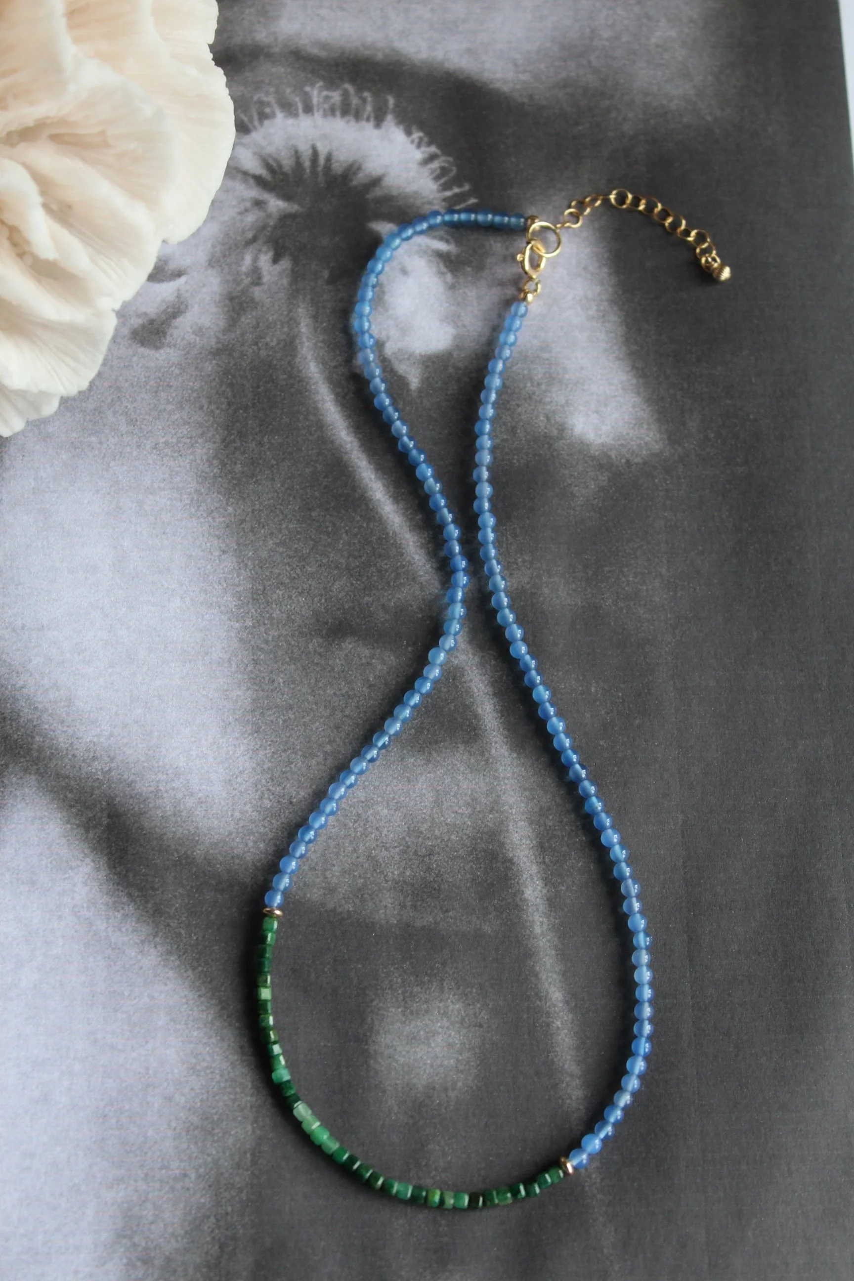 14ct gold filled necklace with blue agate rounds, african jade faceted cubes and gold filled bead necklace.