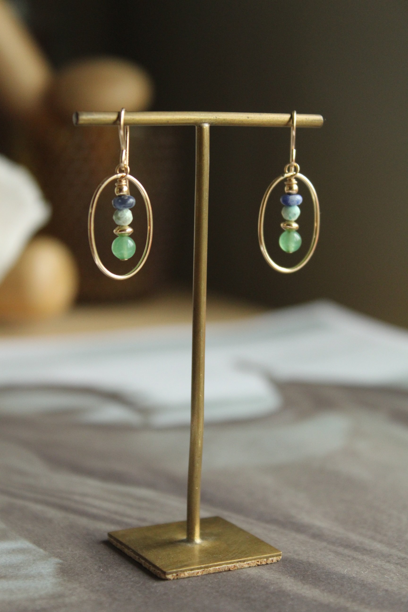14ct gold filled oval drops with gold filled beads sodalite, Peruvian turquoise and green aventurine.