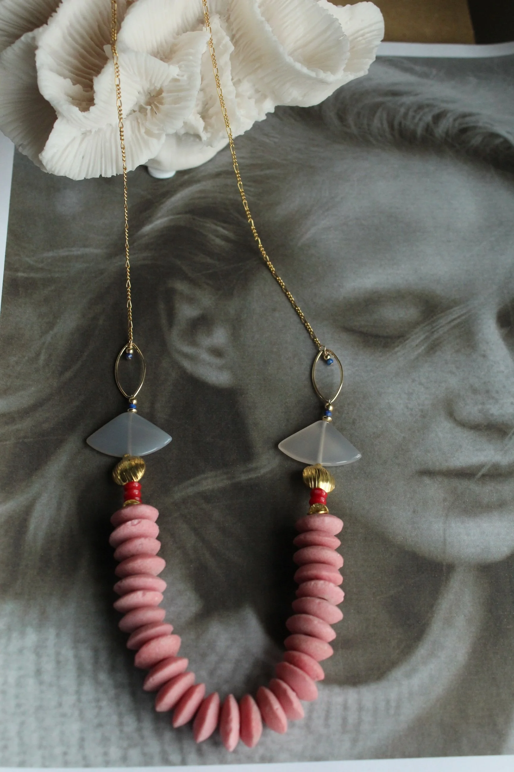 14ct gold filled opera length necklace with rose pink Ashanti lentil beads, vermeil discs, red coral, lentil gold vermeil beads, grey onyx and lapis lazuli.