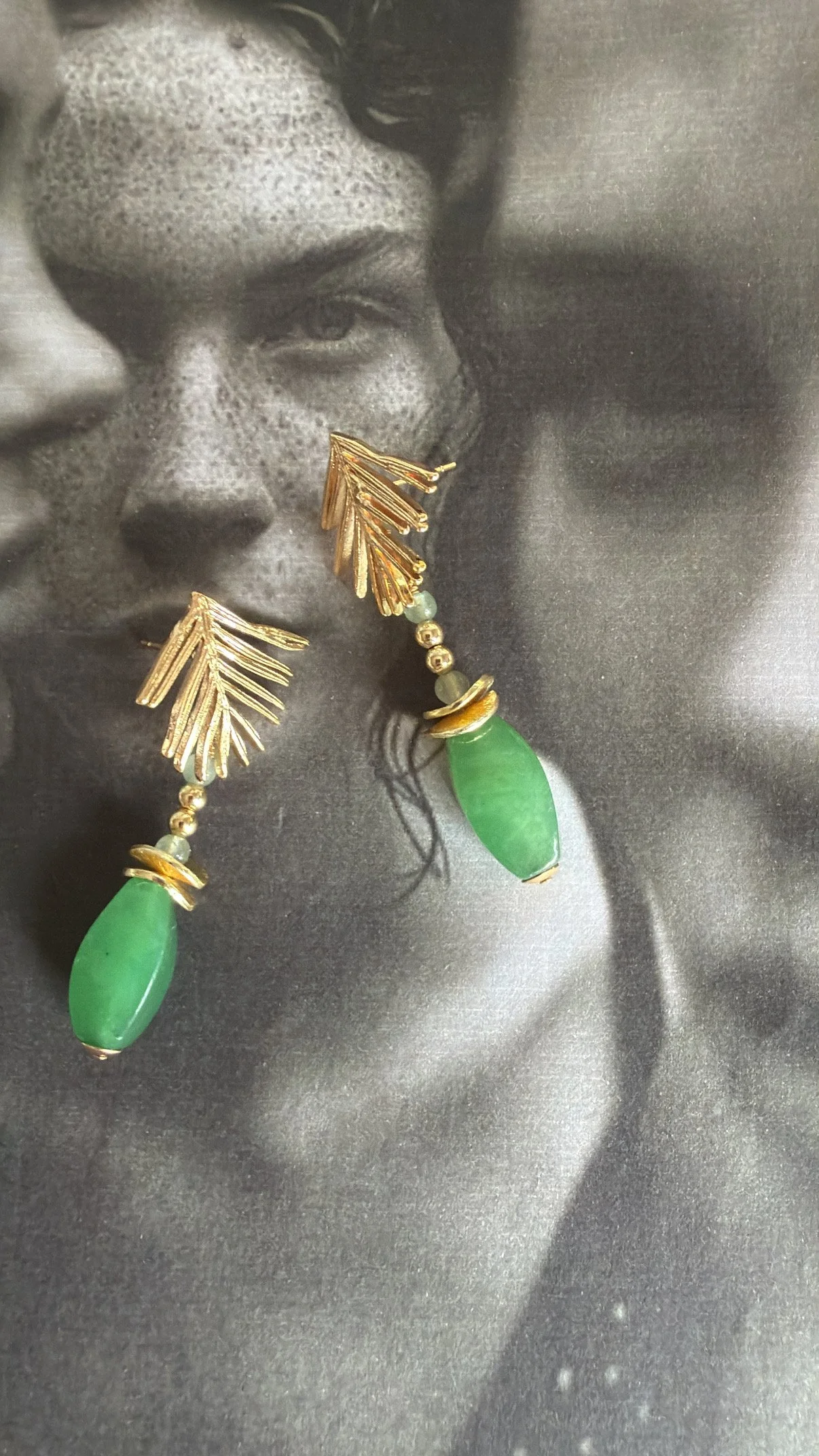 14ct gold filled leaf stud with green aventurine and gold filled beads.