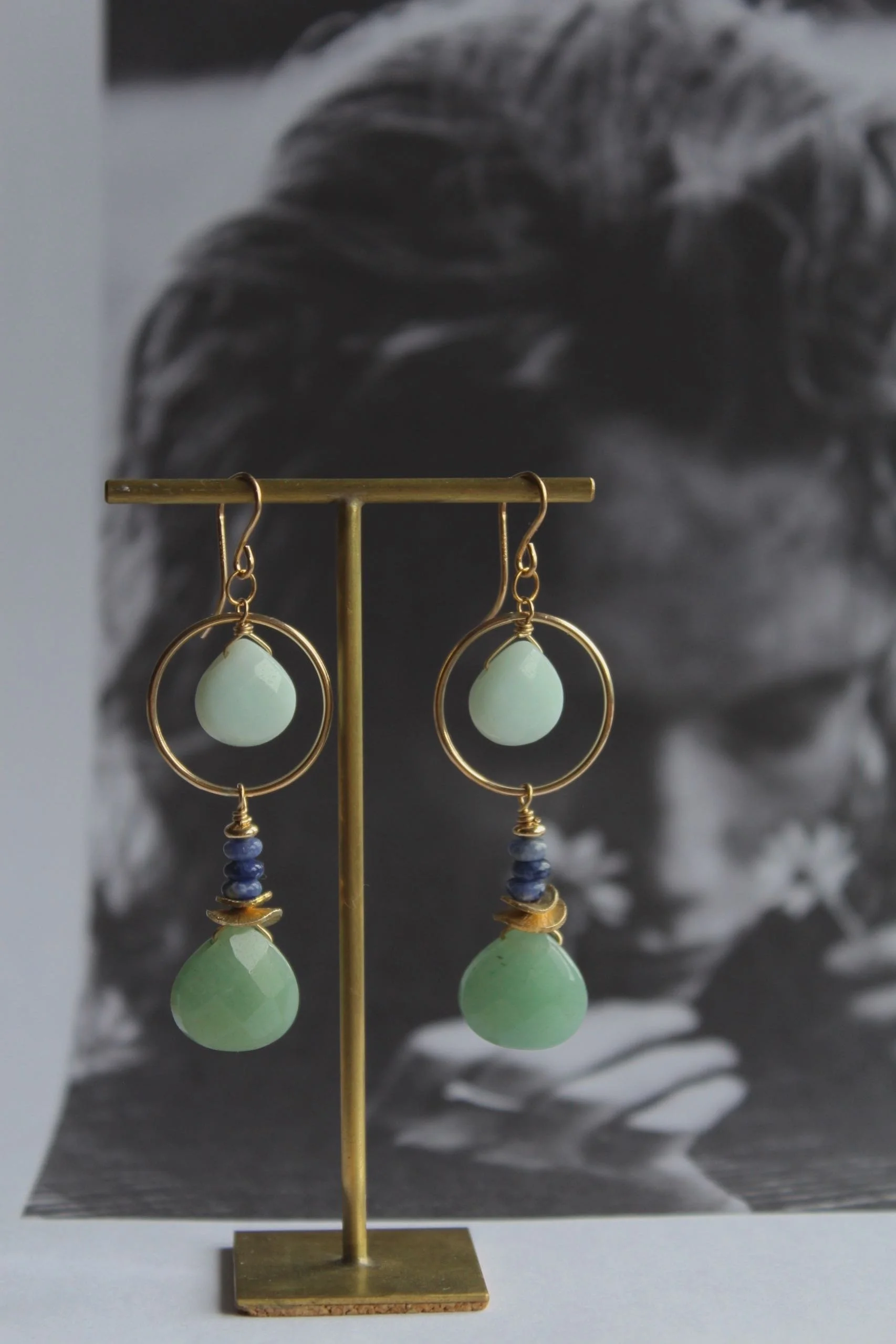 14ct gold filled earrings with gold filled link, amazonite, sodalite, vermeil discs and green aventurine.