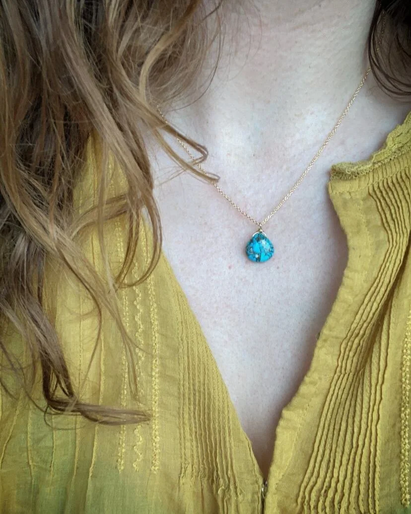 14ct gold filled mohave turquoise with a 16” chain.