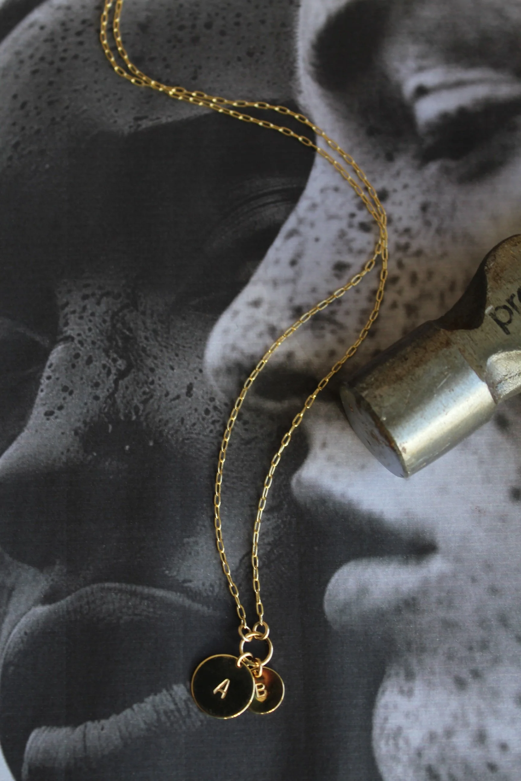 14ct gold filled paper chain necklace with 2 custom hand stamped initial discs.