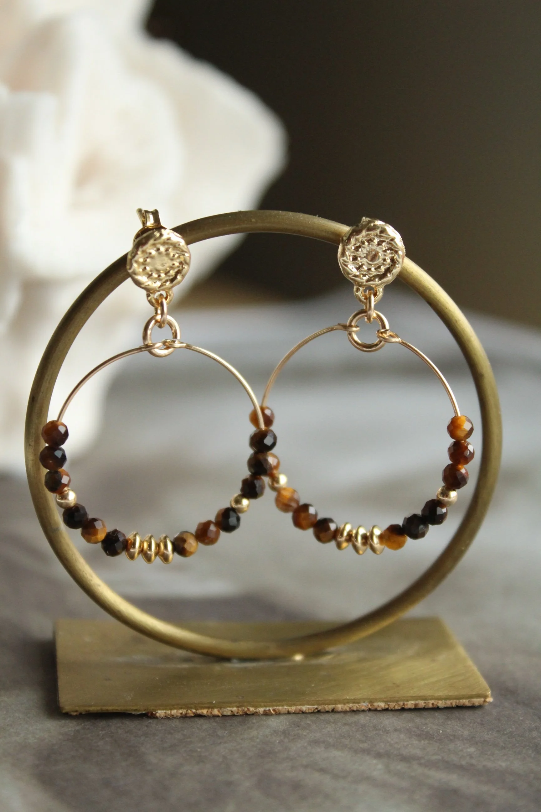 14ct gold filled ear-posts with midi hoops, gold filled beads and faceted tigers eye.