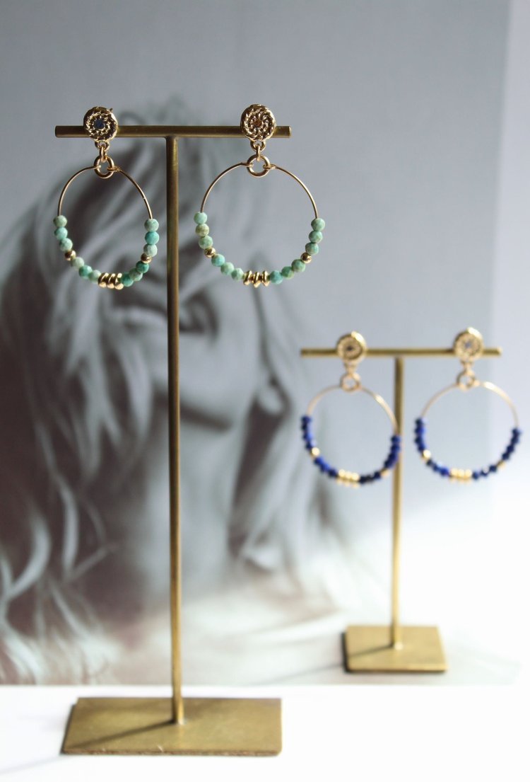 14ct gold filled 25mm hoops with lapis lazuli and gold filled beads or peruvian turquoise.