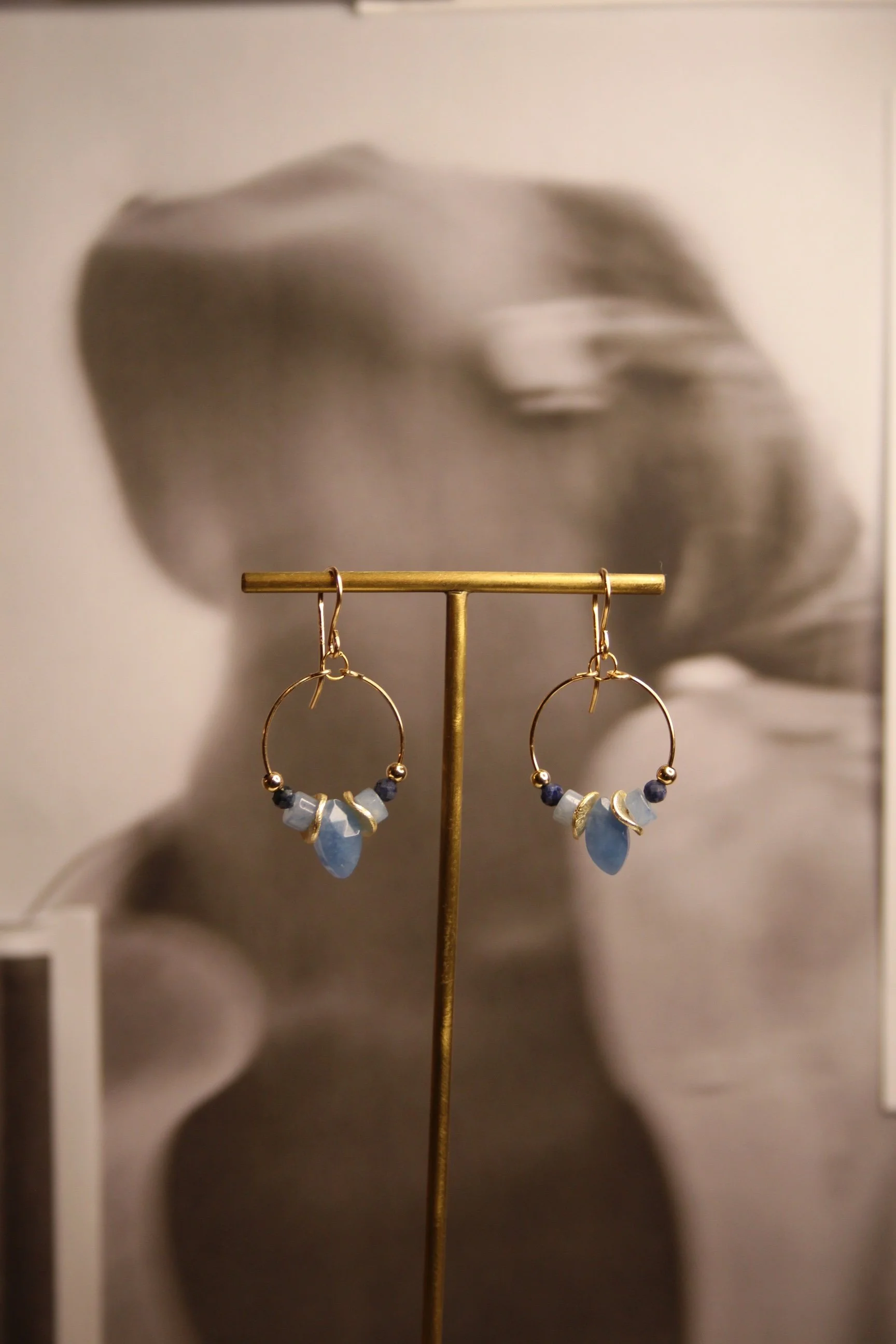 14ct gold filled mini hoop with dumortierite, blue aventurine, aqua quartz.