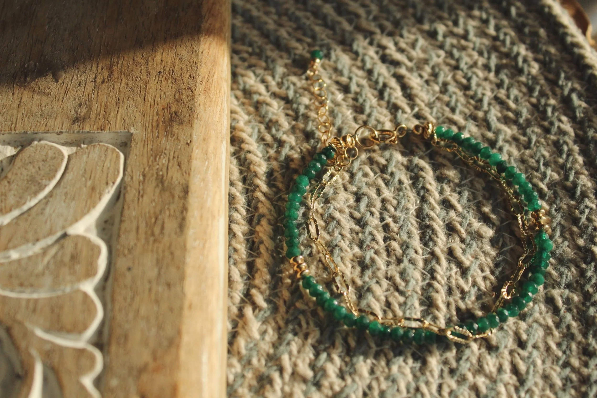 14ct gold filled double up bracelet with emerald jade roundels, gold filled beads and textured oval chain detail.