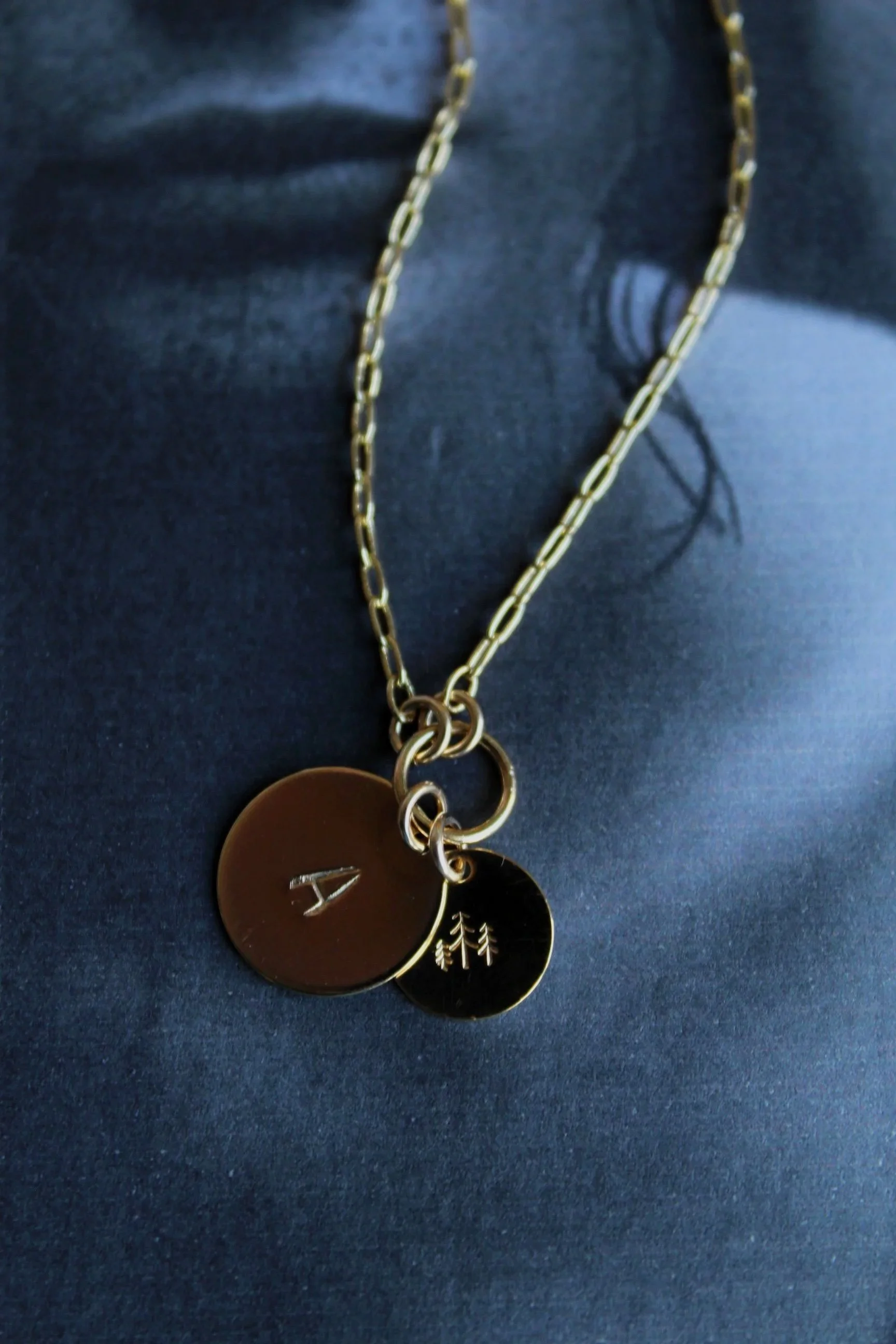 14ct gold filled paper chain necklace with custom hand stamped initial disc and forrest charm.